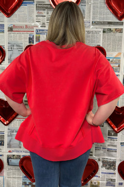 Plus Size Fiery Red  Solid Color Notched Neck Seam Detail Patchwork Short Sleeve Top