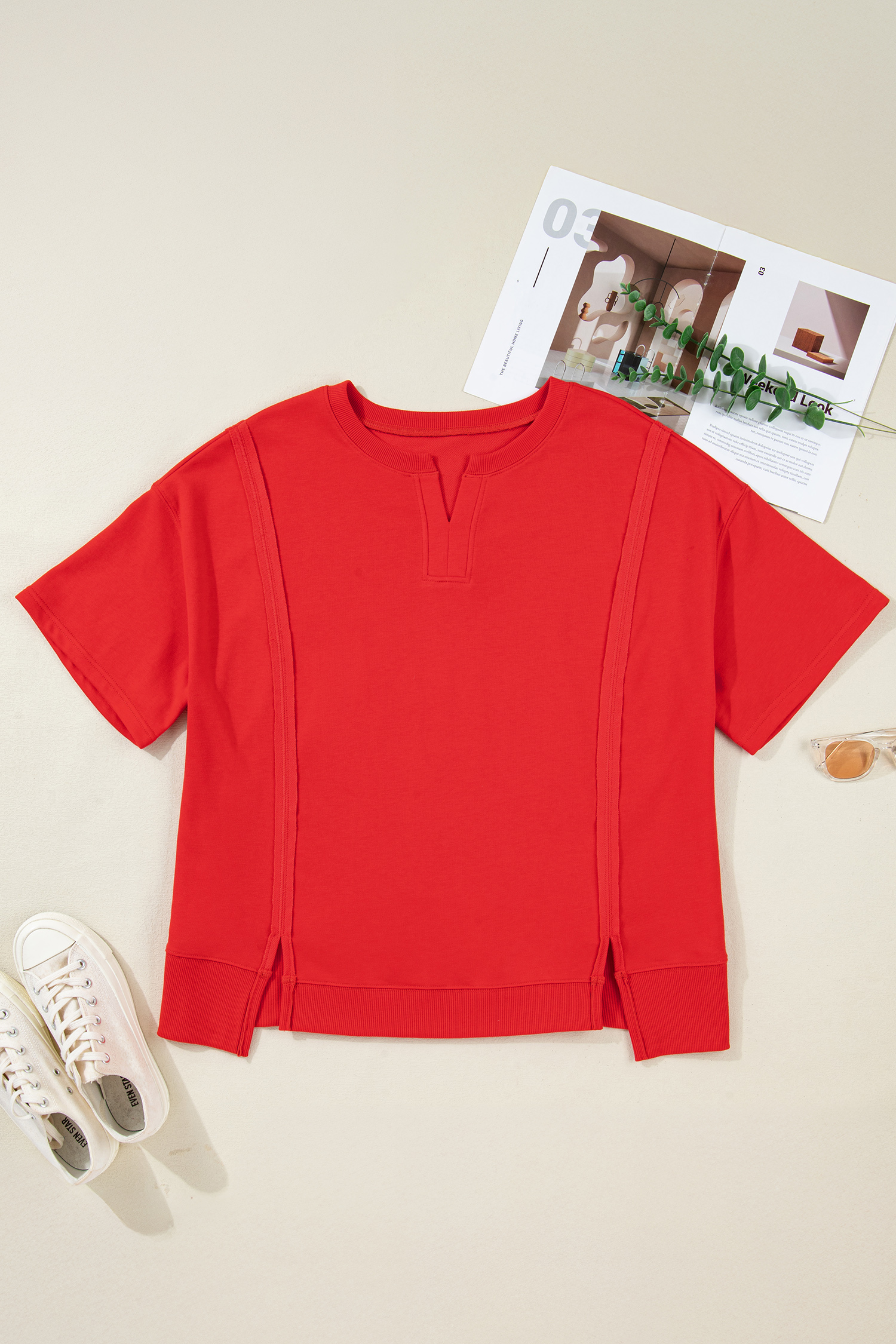 Plus Size Fiery Red  Solid Color Notched Neck Seam Detail Patchwork Short Sleeve Top