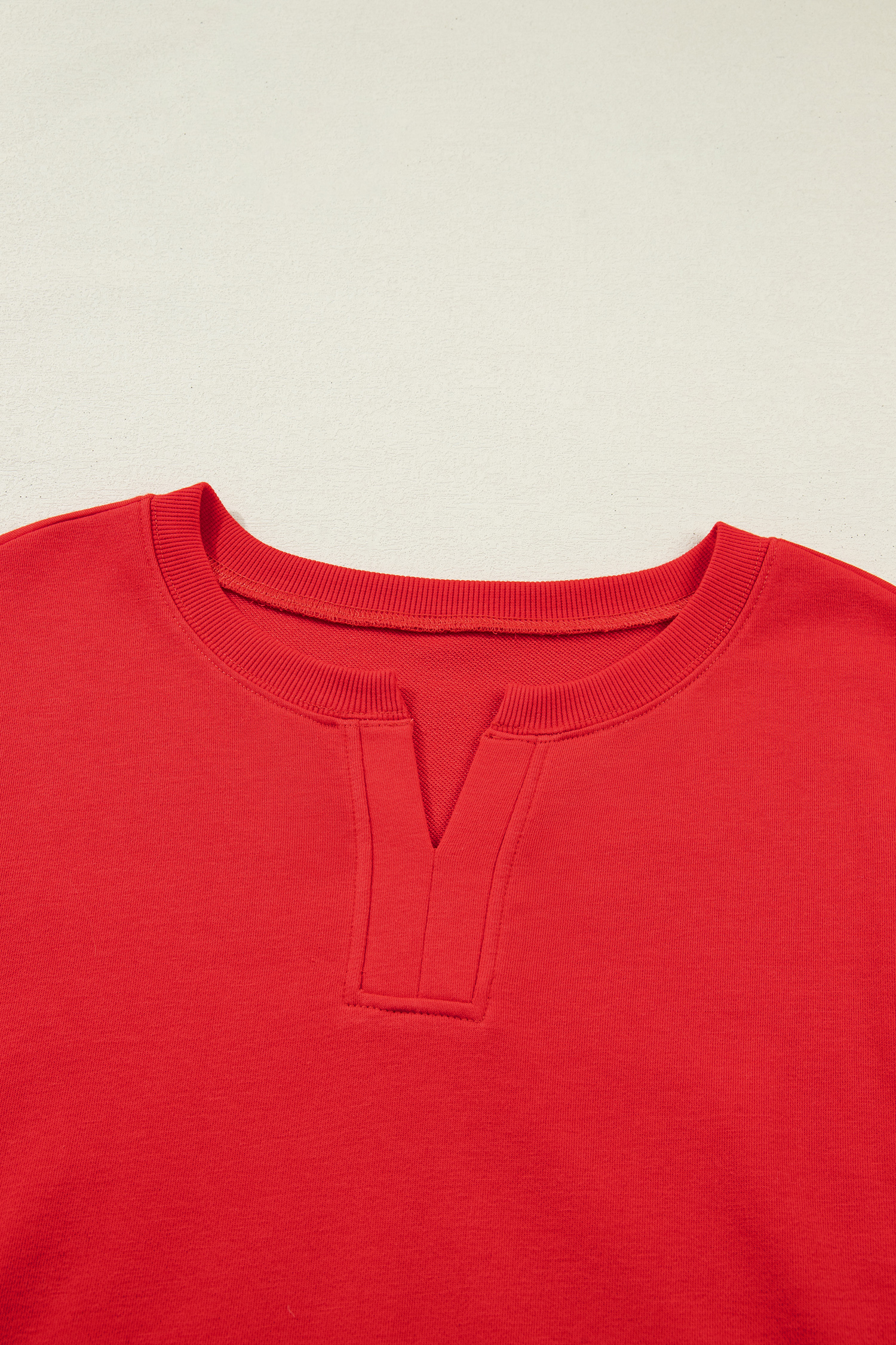 Plus Size Fiery Red  Solid Color Notched Neck Seam Detail Patchwork Short Sleeve Top