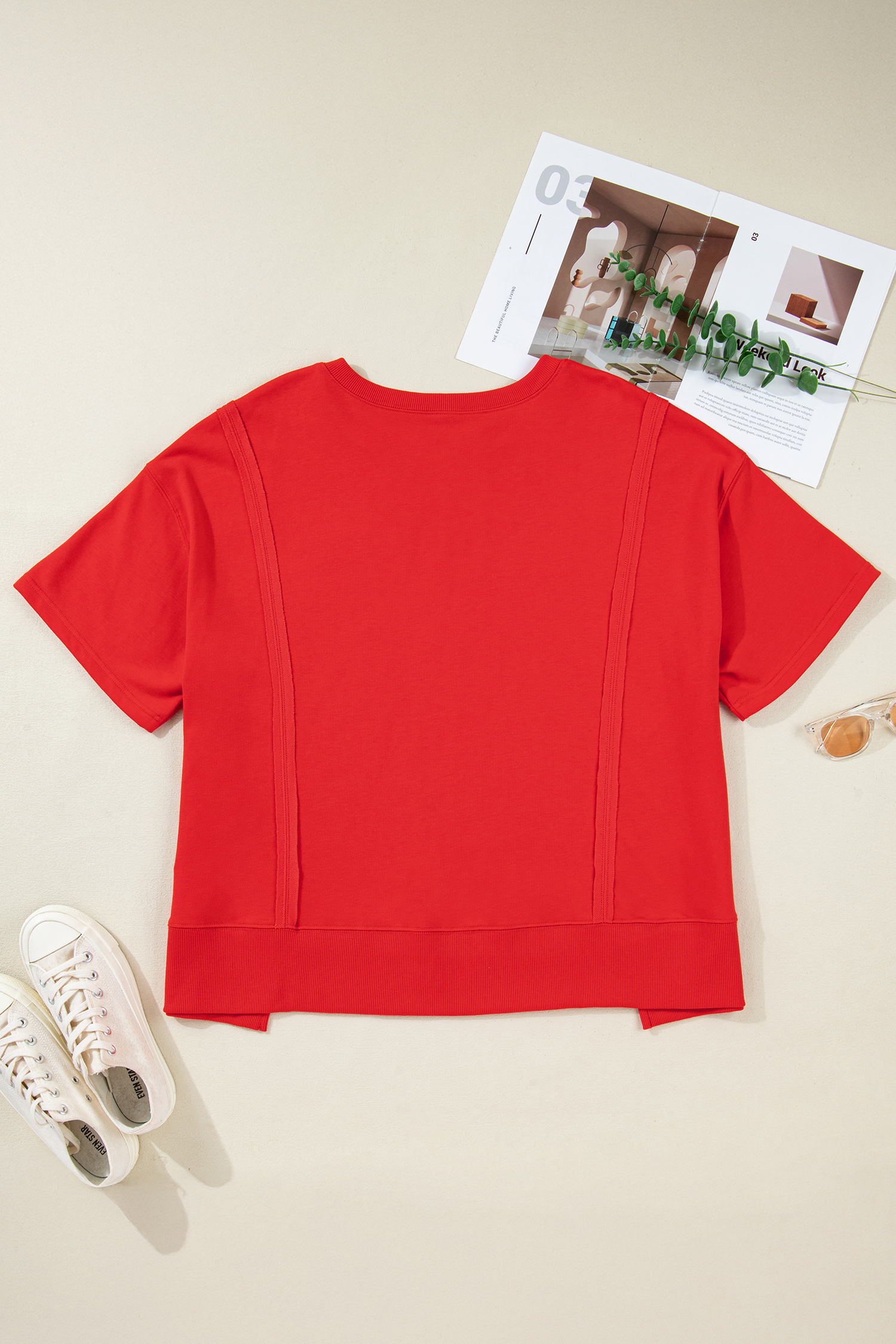 Plus Size Fiery Red  Solid Color Notched Neck Seam Detail Patchwork Short Sleeve Top