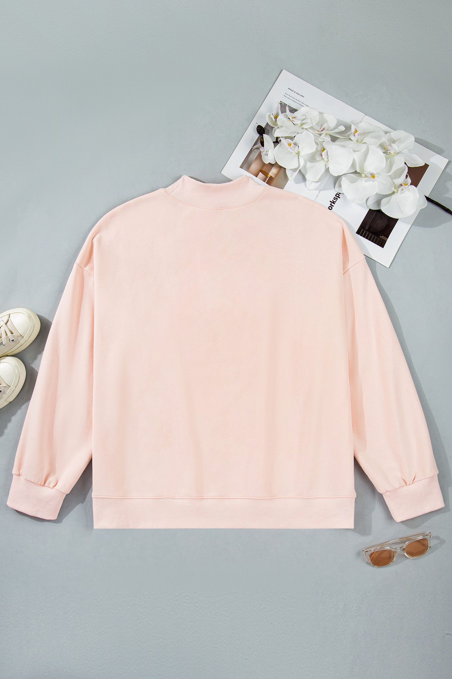 Plus Size Light Pink BLESSED Embroidered Trim Patch Graphic  Mock Neck Sweatshirt