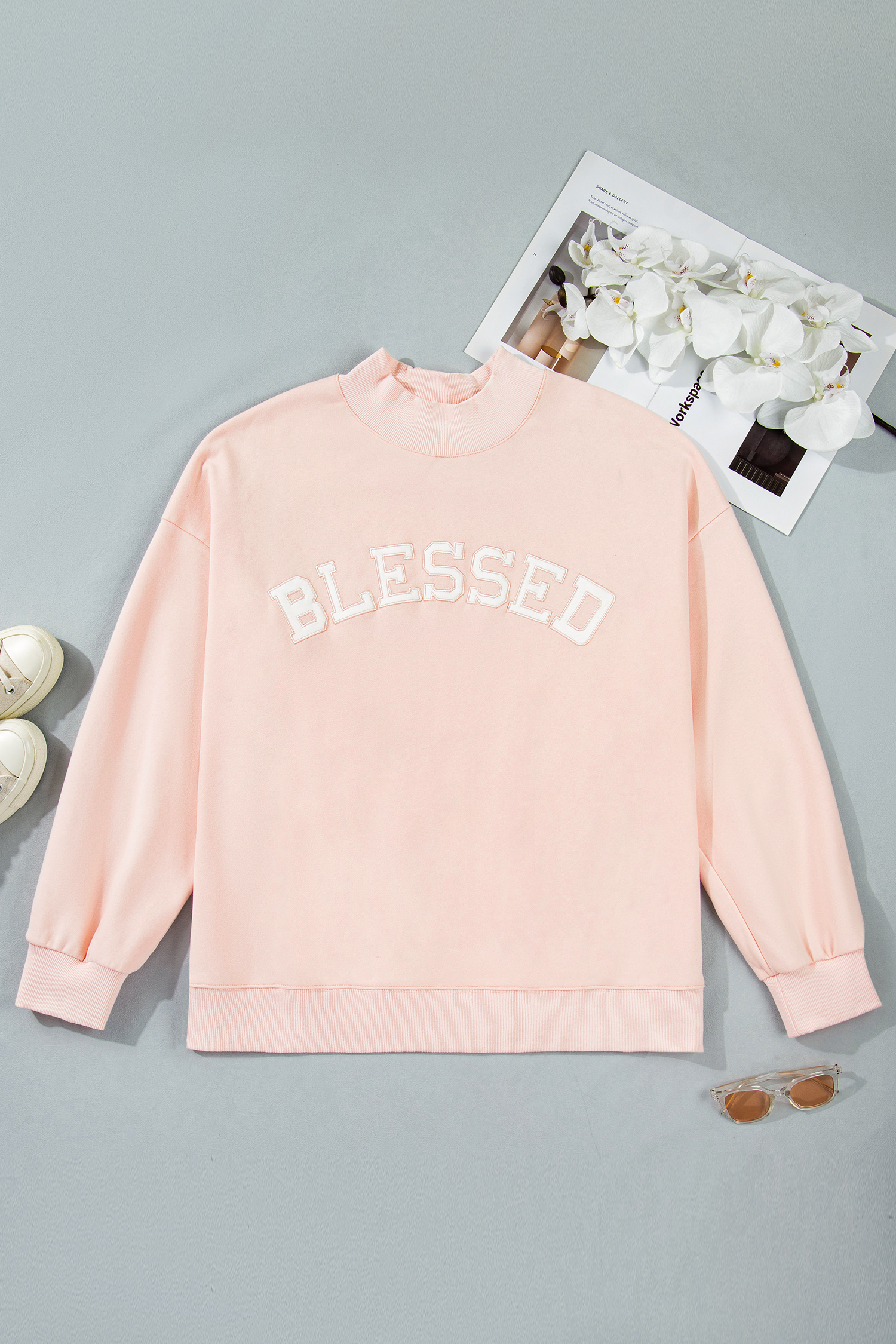 Plus Size Light Pink BLESSED Embroidered Trim Patch Graphic  Mock Neck Sweatshirt