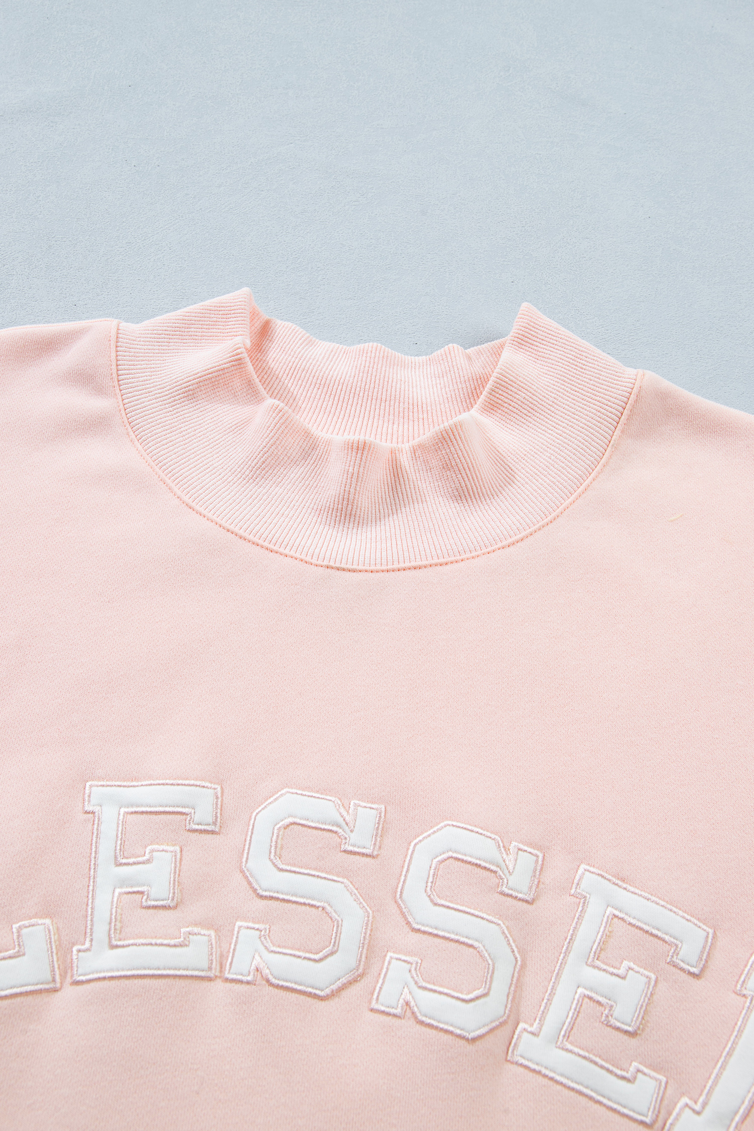 Plus Size Light Pink BLESSED Embroidered Trim Patch Graphic  Mock Neck Sweatshirt
