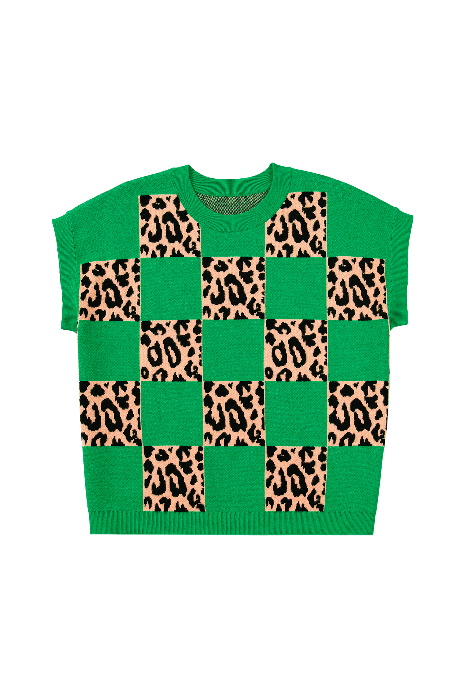 Plus Size Green  Leopard Contrasted Checkered Short Sleeve Sweater