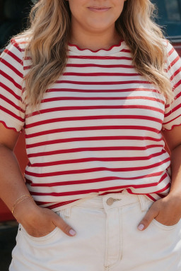 Plus Size Red Stripe  Scalloped Trim Round Neck Short Sleeve Top