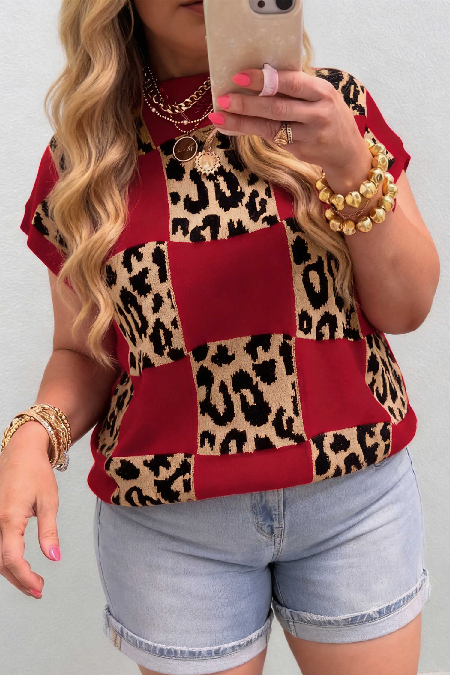 Plus Size Red  Leopard Contrasted Checkered Short Sleeve Sweater