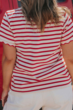 Plus Size Red Stripe  Scalloped Trim Round Neck Short Sleeve Top