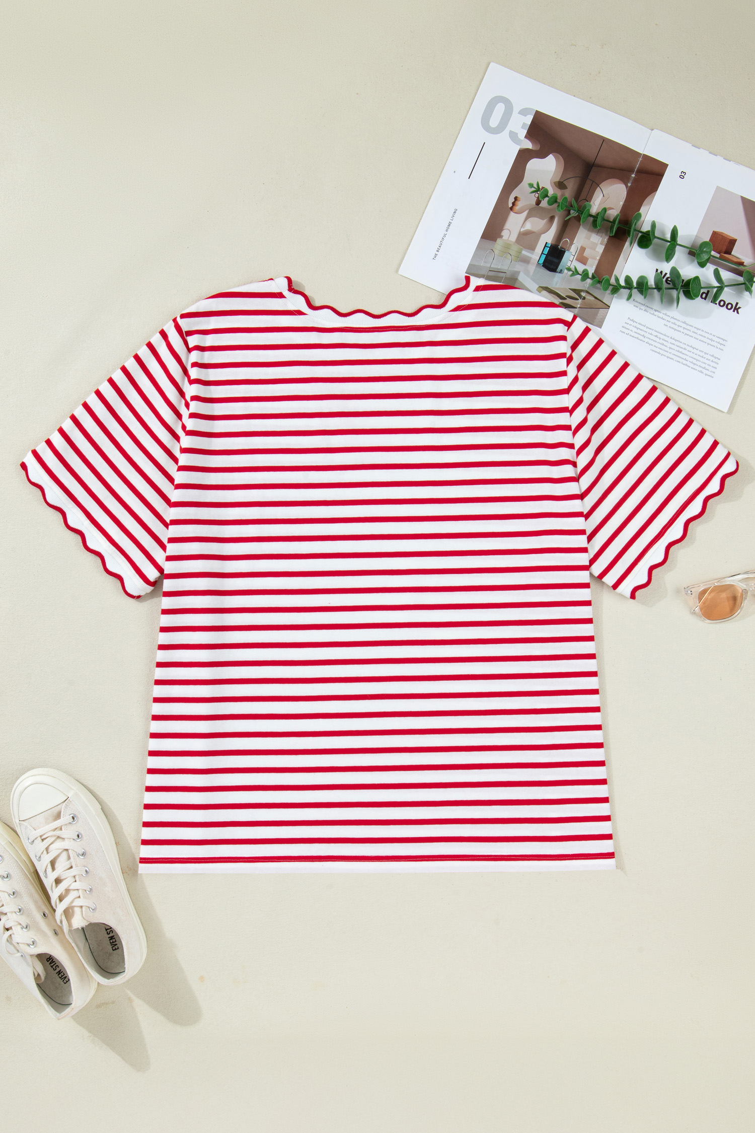 Plus Size Red Stripe  Scalloped Trim Round Neck Short Sleeve Top