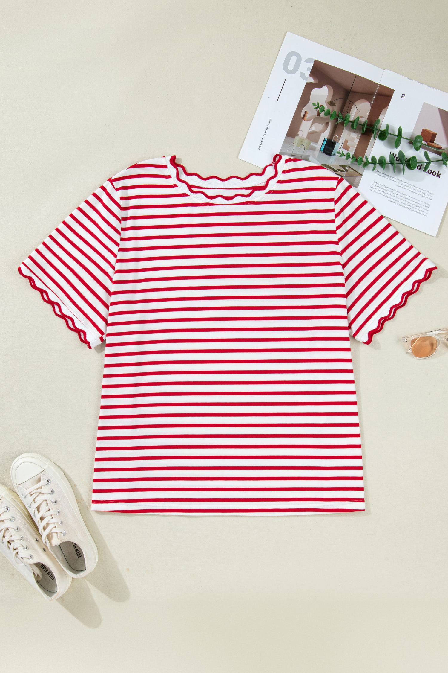 Plus Size Red Stripe  Scalloped Trim Round Neck Short Sleeve Top