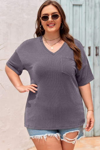 Light Grey Textured V-Neck Dropped Shoulder Plus T-Shirt