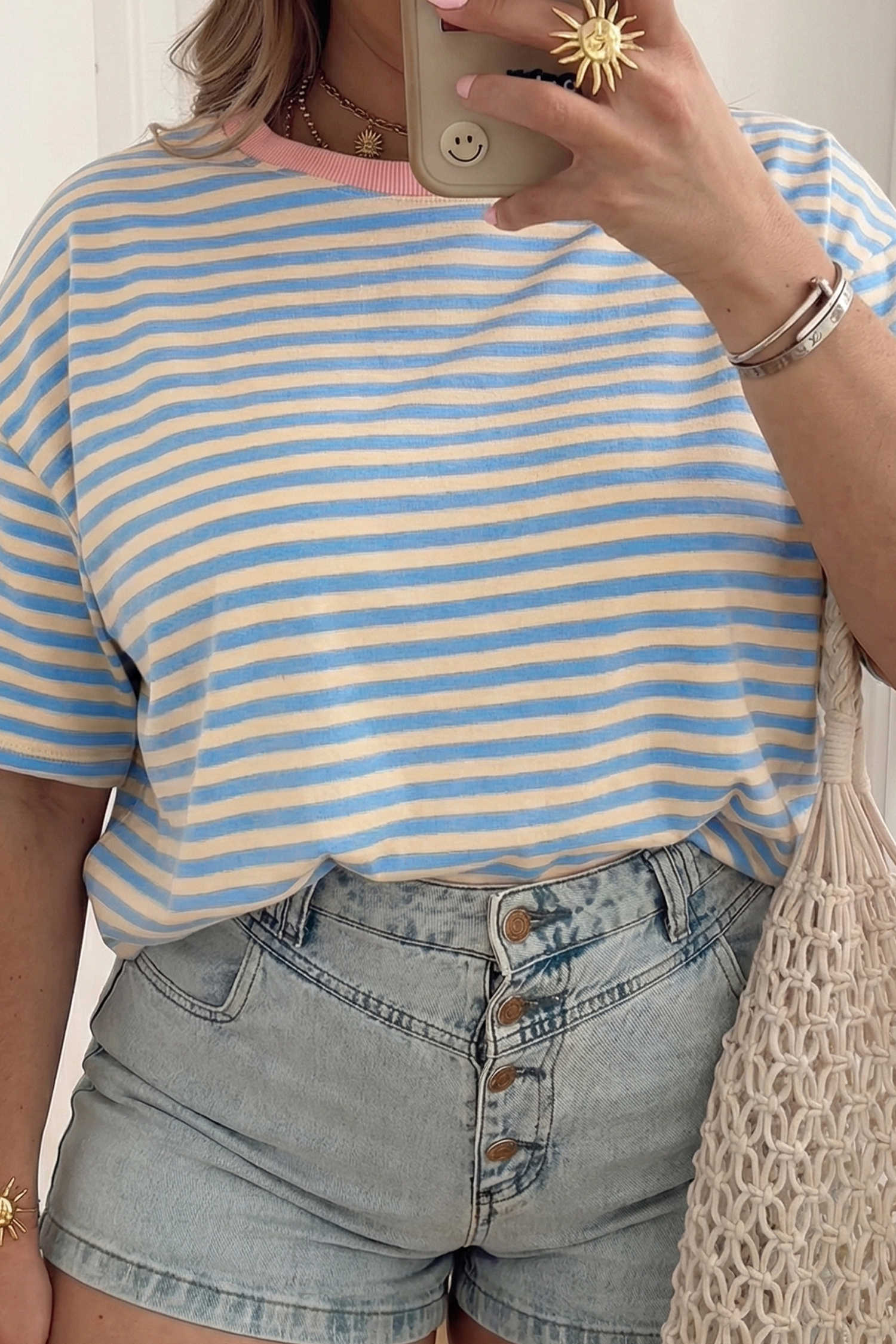 Plus Size Sky Blue Stripe  Drop Shoulder Contrast Trim Round Neck Tee