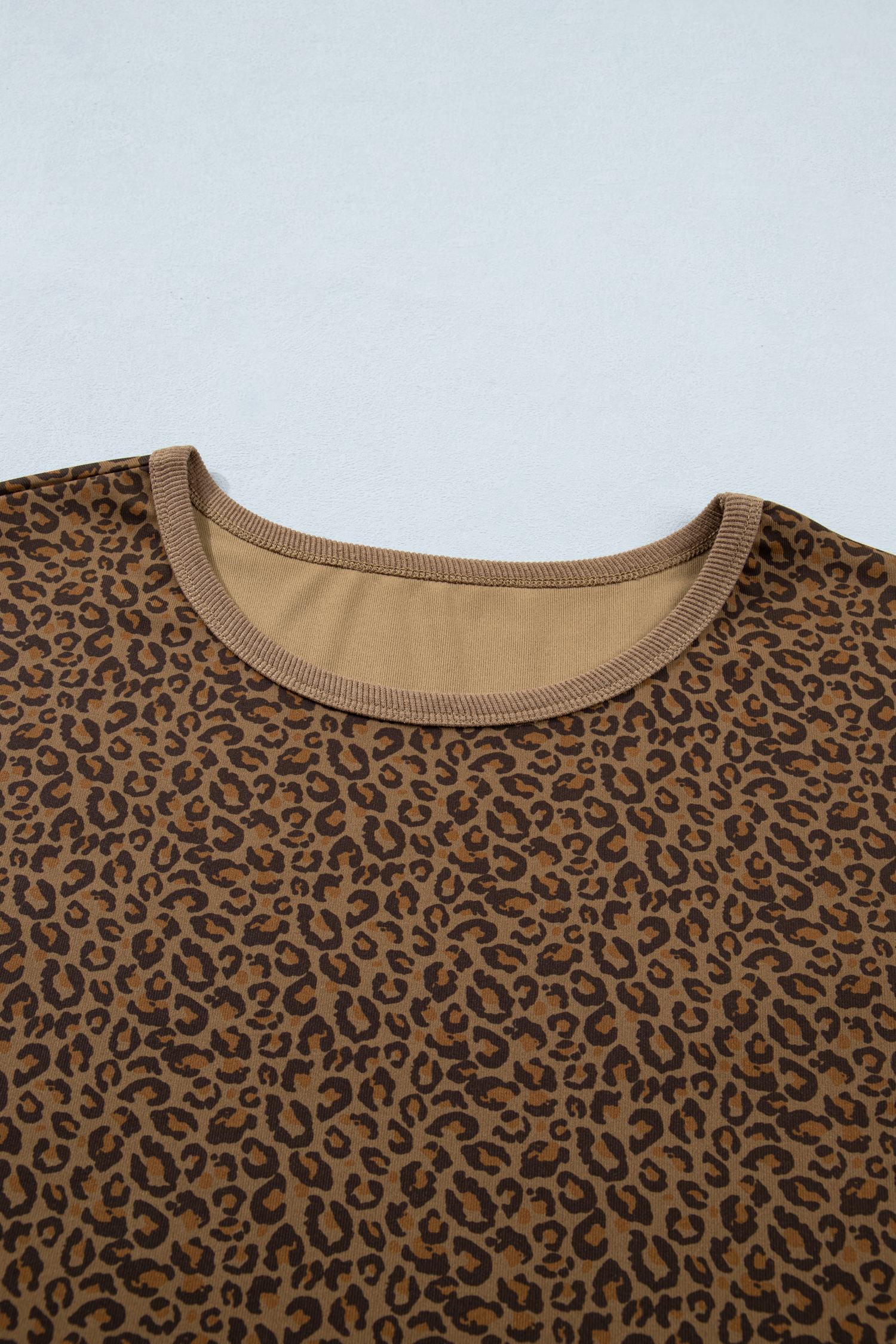 Plus Size Khaki  Leopard Print Ribbed Trim Round Neck Tee