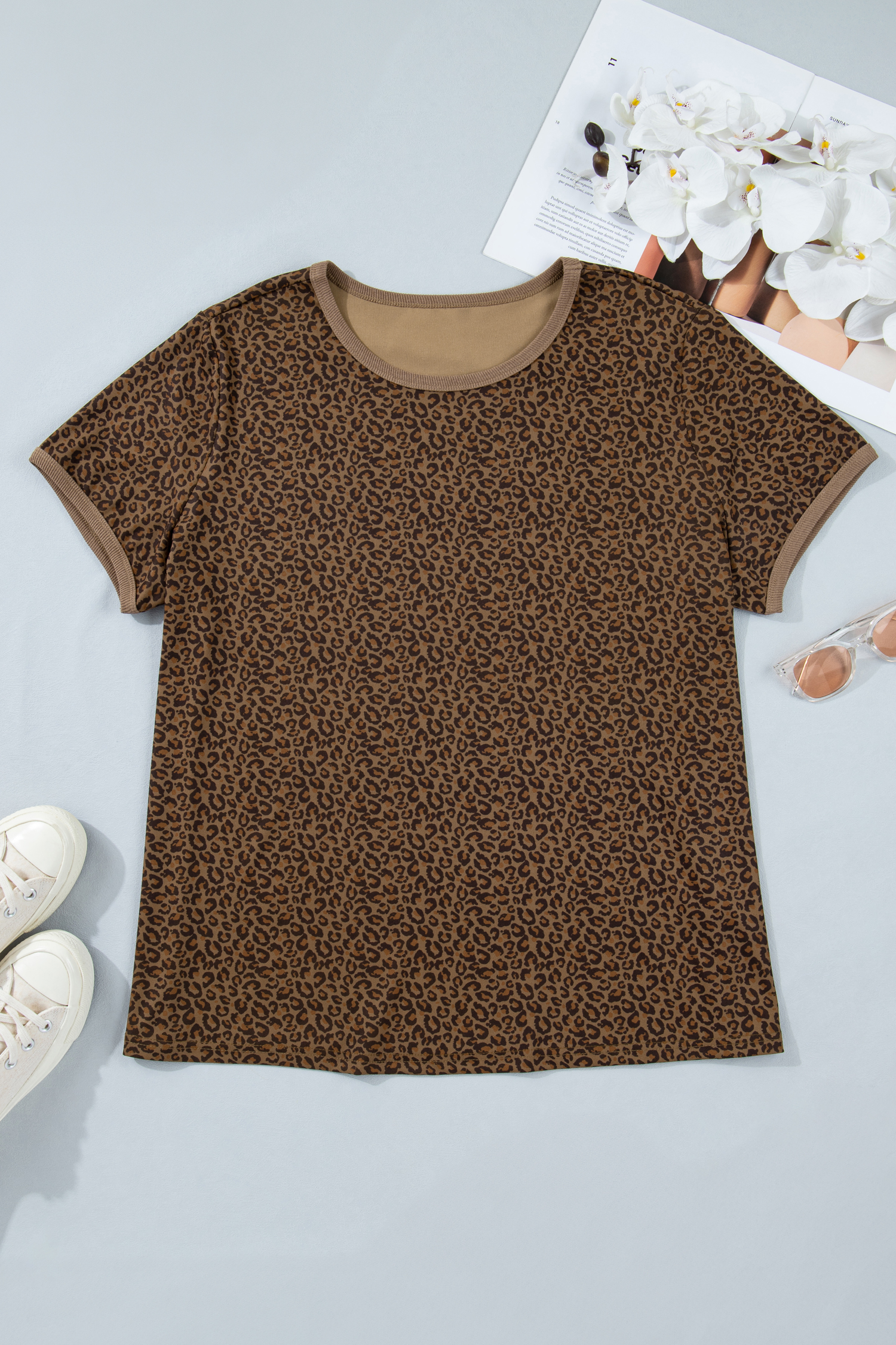 Plus Size Khaki  Leopard Print Ribbed Trim Round Neck Tee