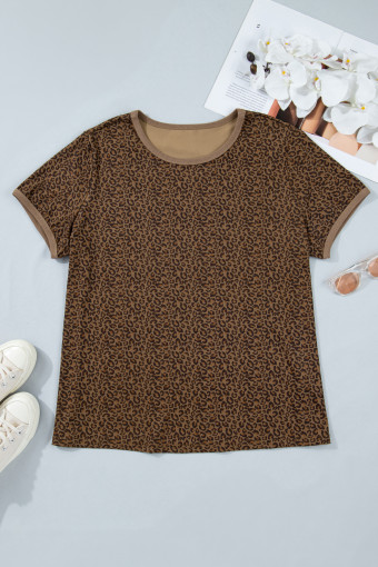 Plus Size Khaki  Leopard Print Ribbed Trim Round Neck Tee