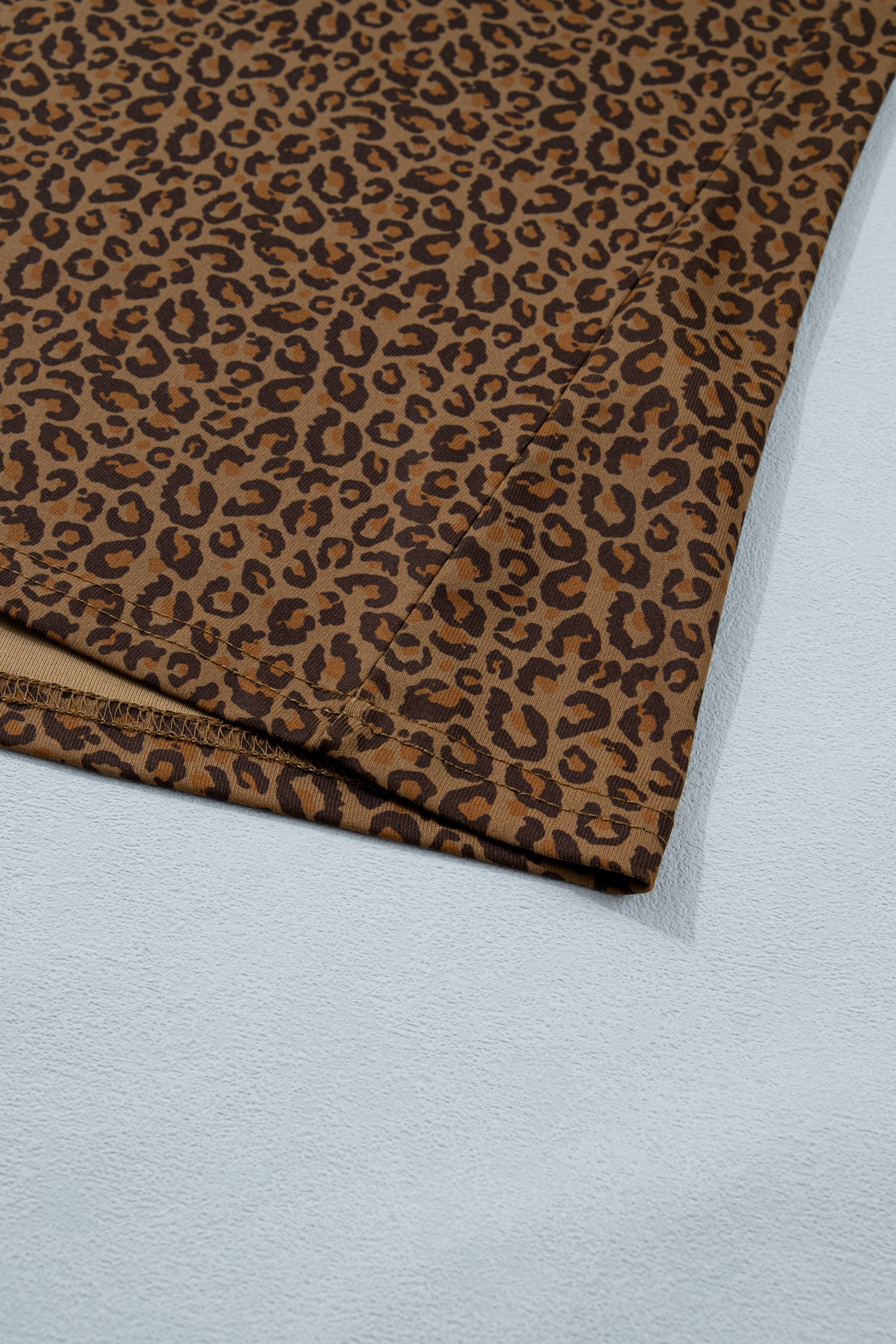 Plus Size Khaki  Leopard Print Ribbed Trim Round Neck Tee