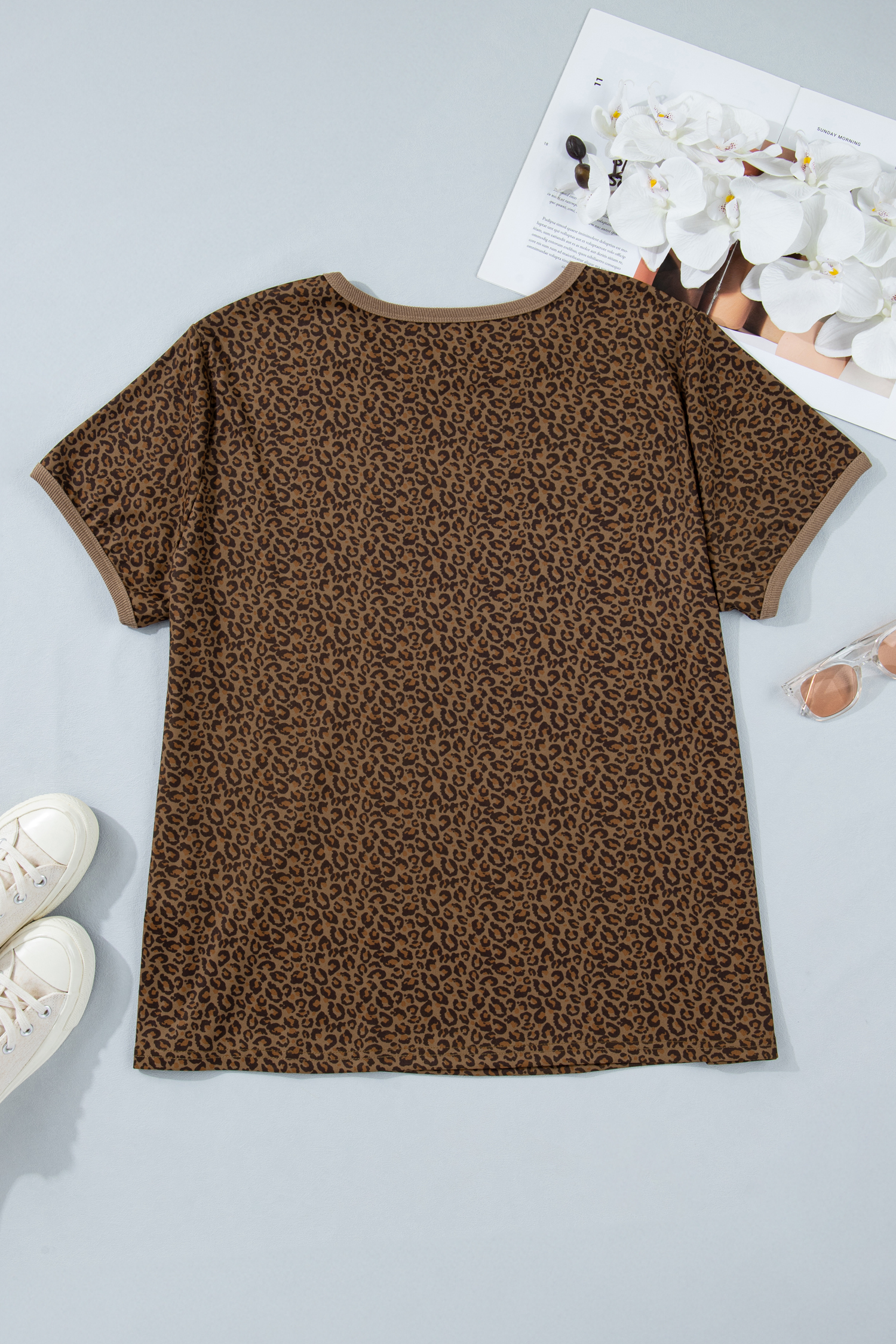 Plus Size Khaki  Leopard Print Ribbed Trim Round Neck Tee