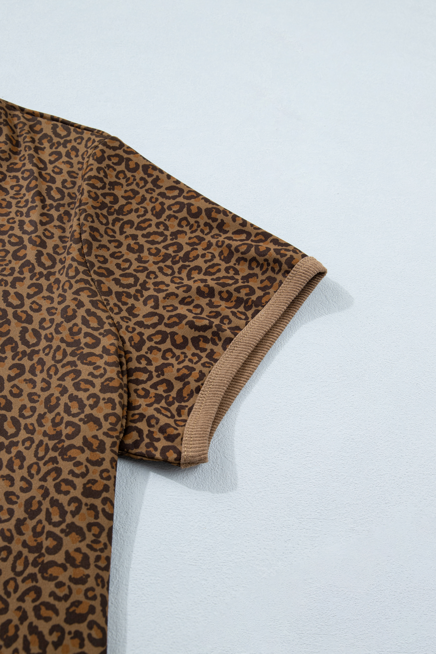 Plus Size Khaki  Leopard Print Ribbed Trim Round Neck Tee