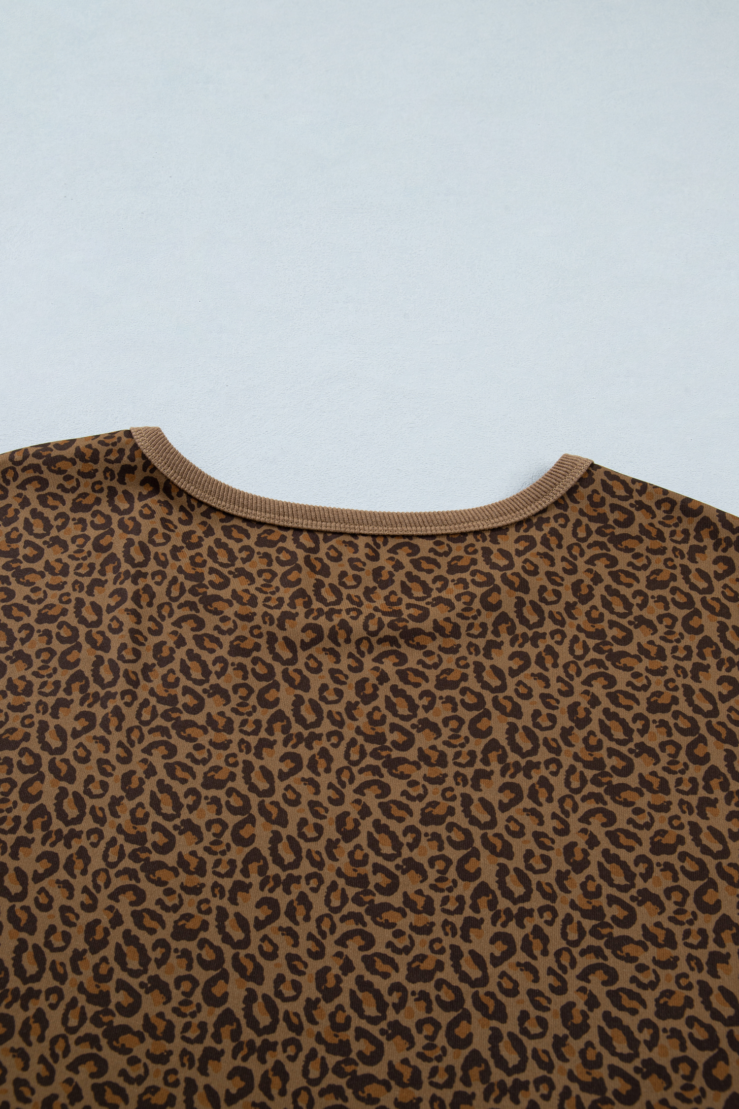 Plus Size Khaki  Leopard Print Ribbed Trim Round Neck Tee