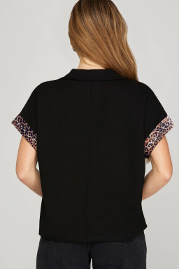 Plus Size Black  Leopard Patchwork Half Zip Short Sleeve Top