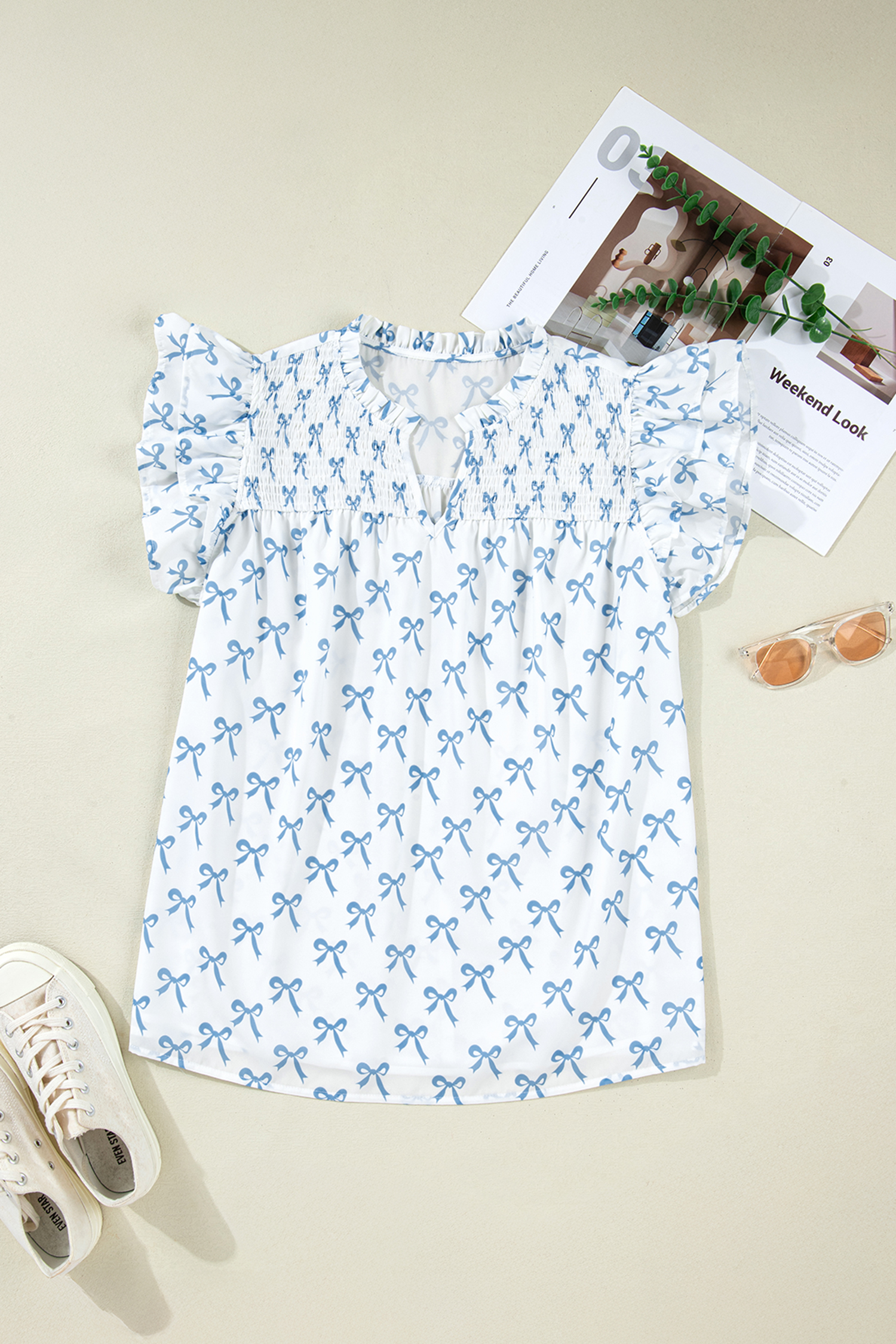 Plus Size Sky Blue Ruffled Short Sleeve  Bow Top