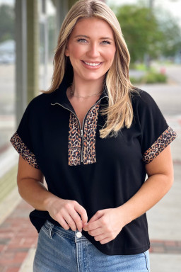 Plus Size Black  Leopard Patchwork Half Zip Short Sleeve Top