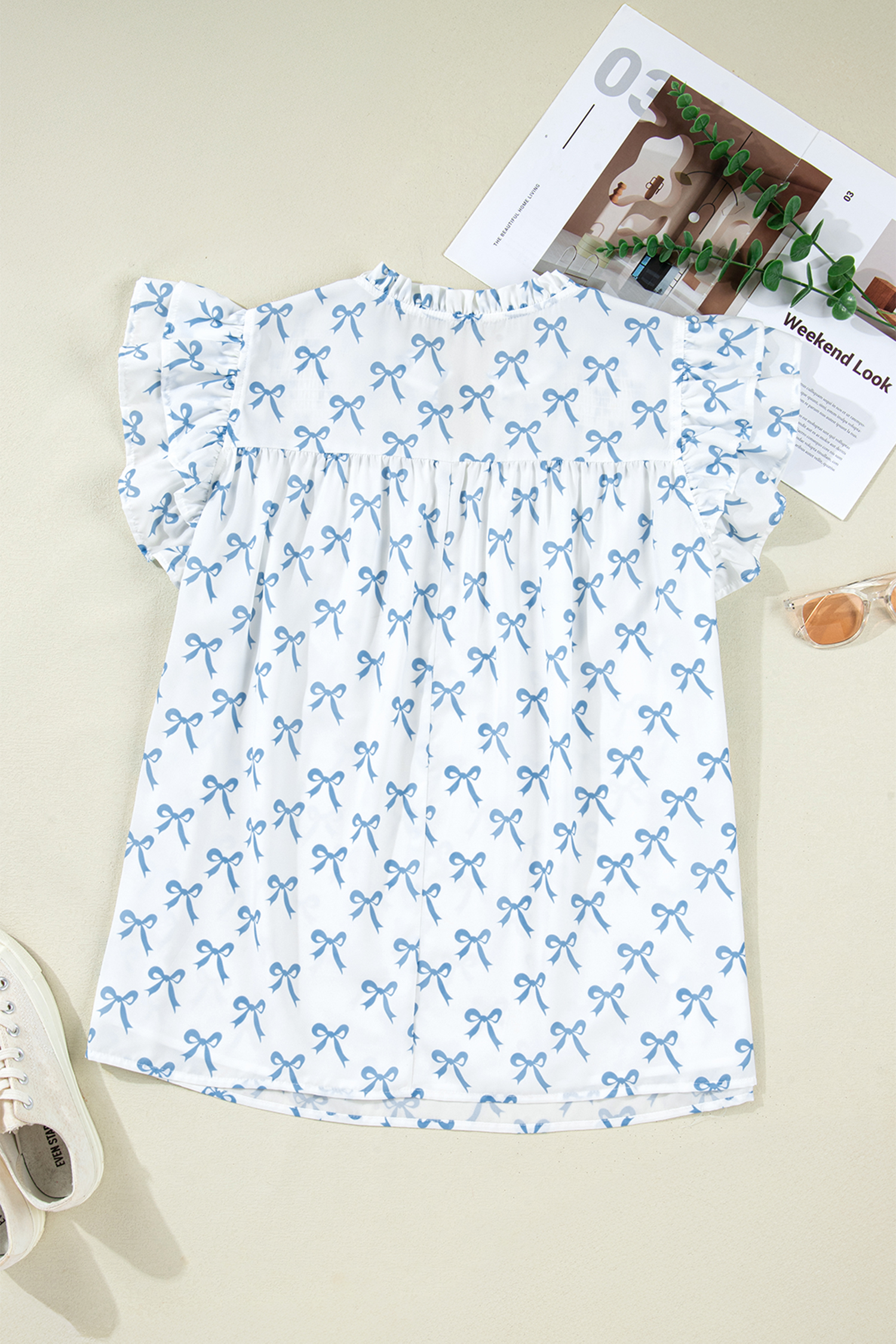 Plus Size Sky Blue Ruffled Short Sleeve  Bow Top