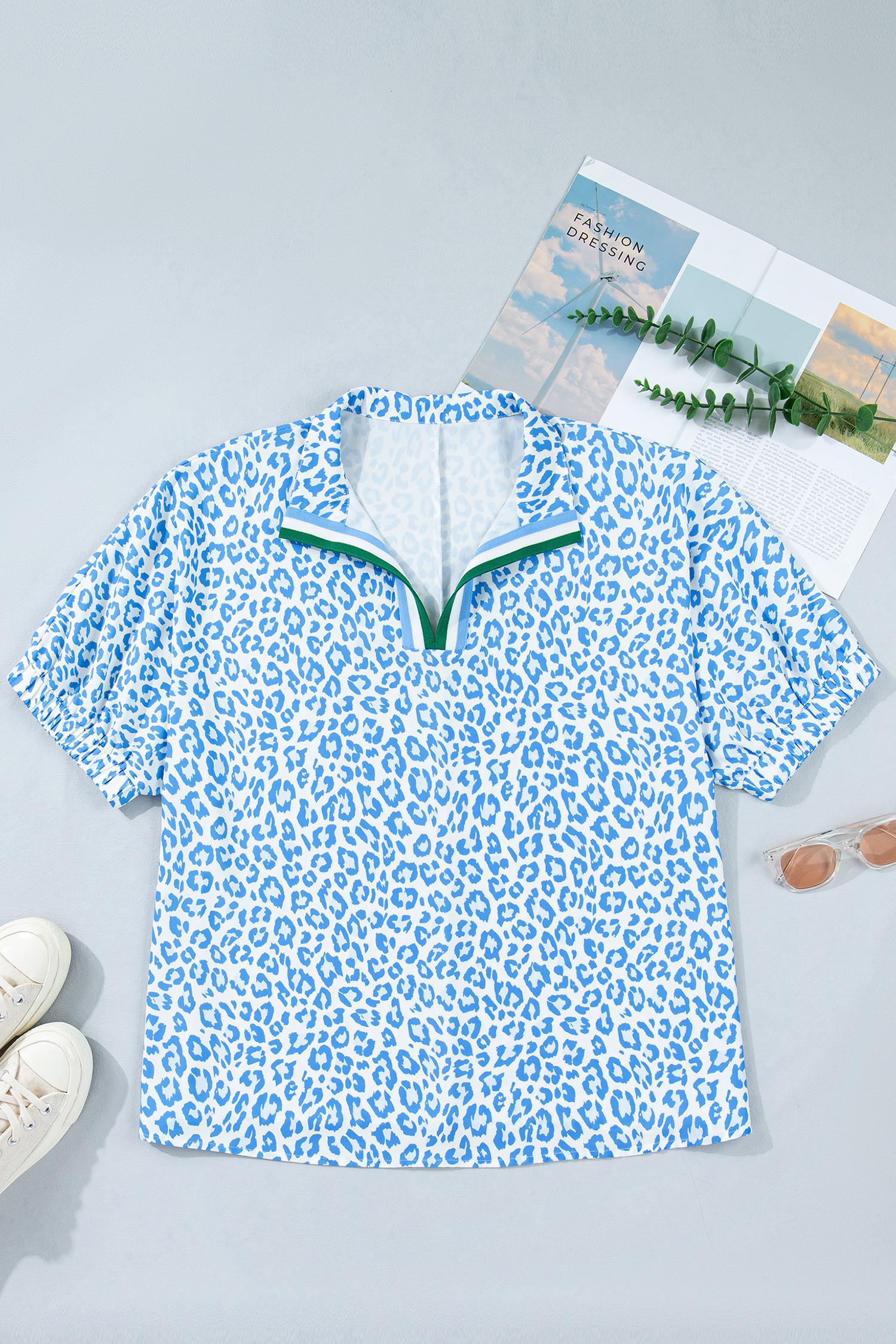 Plus Size Sky Blue Striped V Neckline Half Sleeve  Leopard Blouse