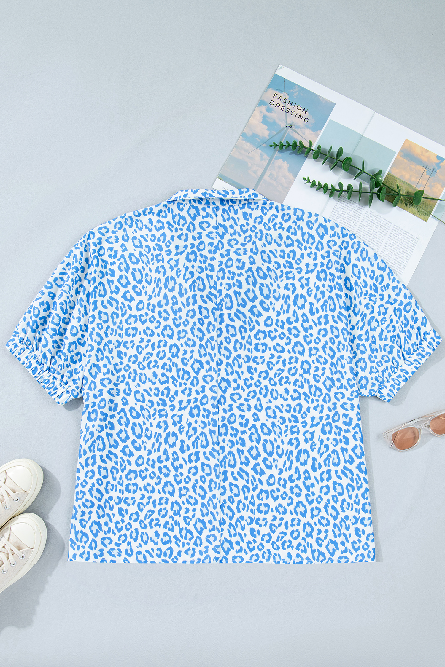 Plus Size Sky Blue Striped V Neckline Half Sleeve  Leopard Blouse