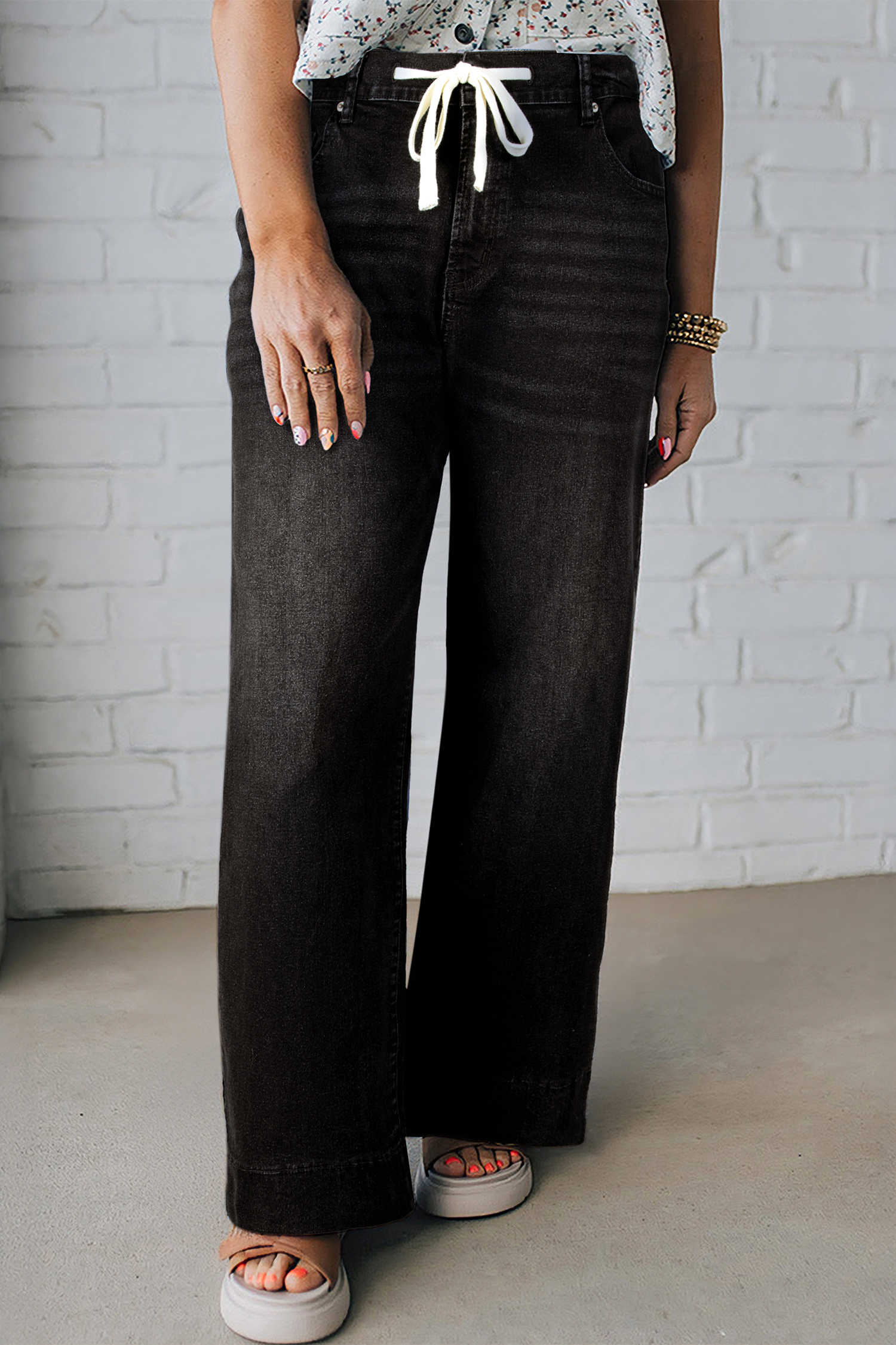 Plus Size Black Acid Wash Contrast Lace-up  Jeans