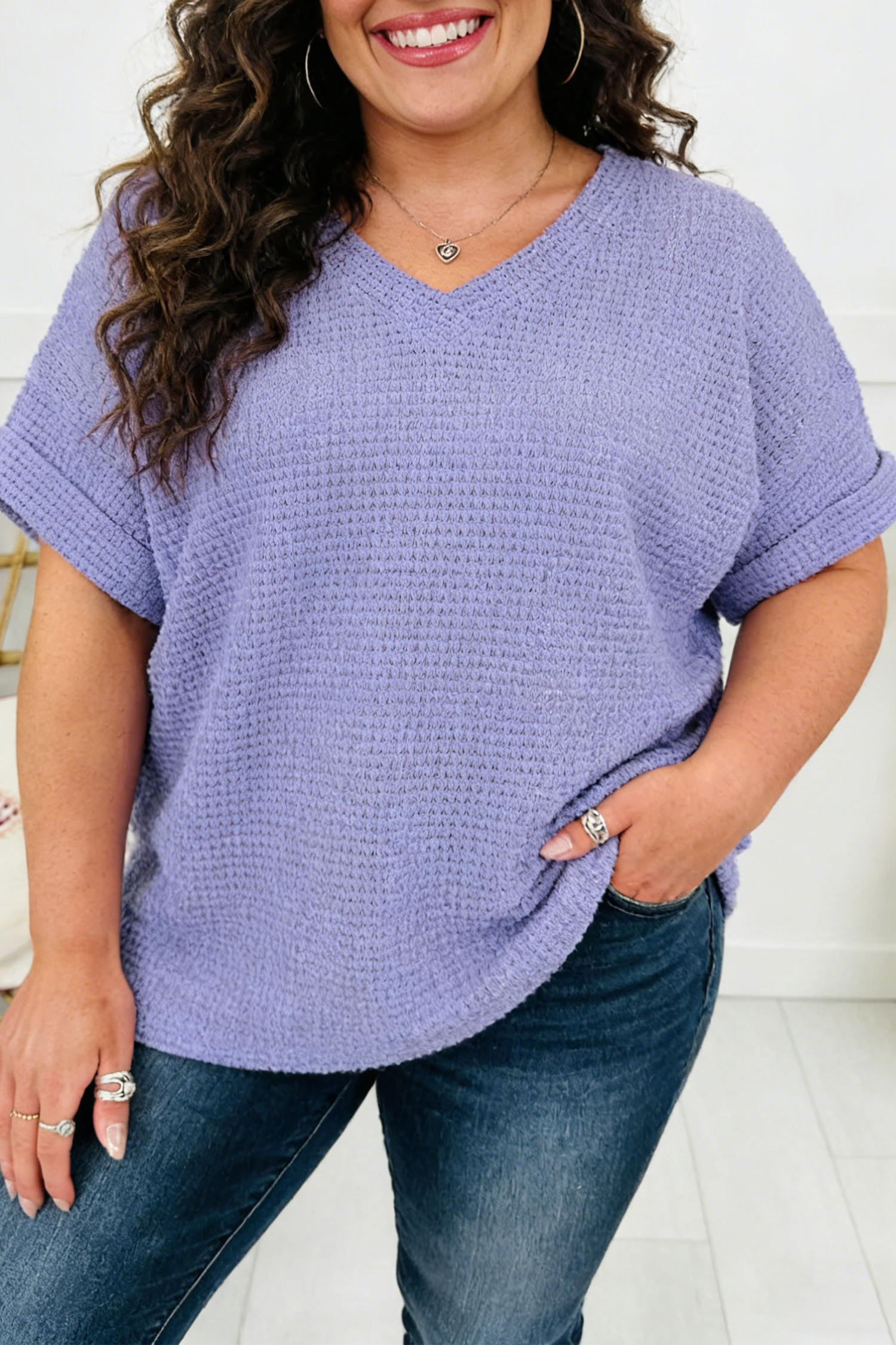 Plus Size Wisteria V Neck Short Sleeve  Waffle Knit Top