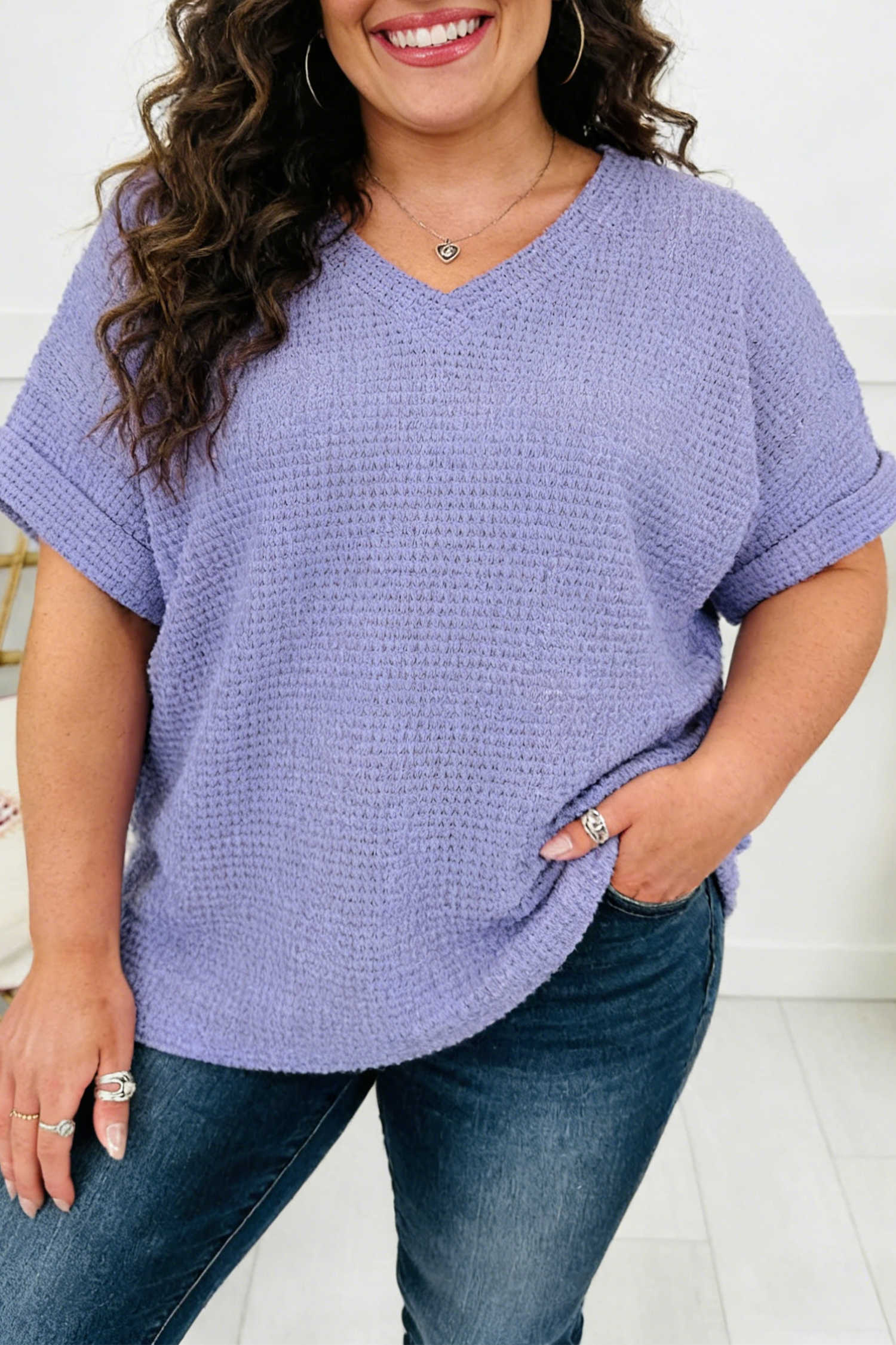 Plus Size Wisteria V Neck Short Sleeve  Waffle Knit Top