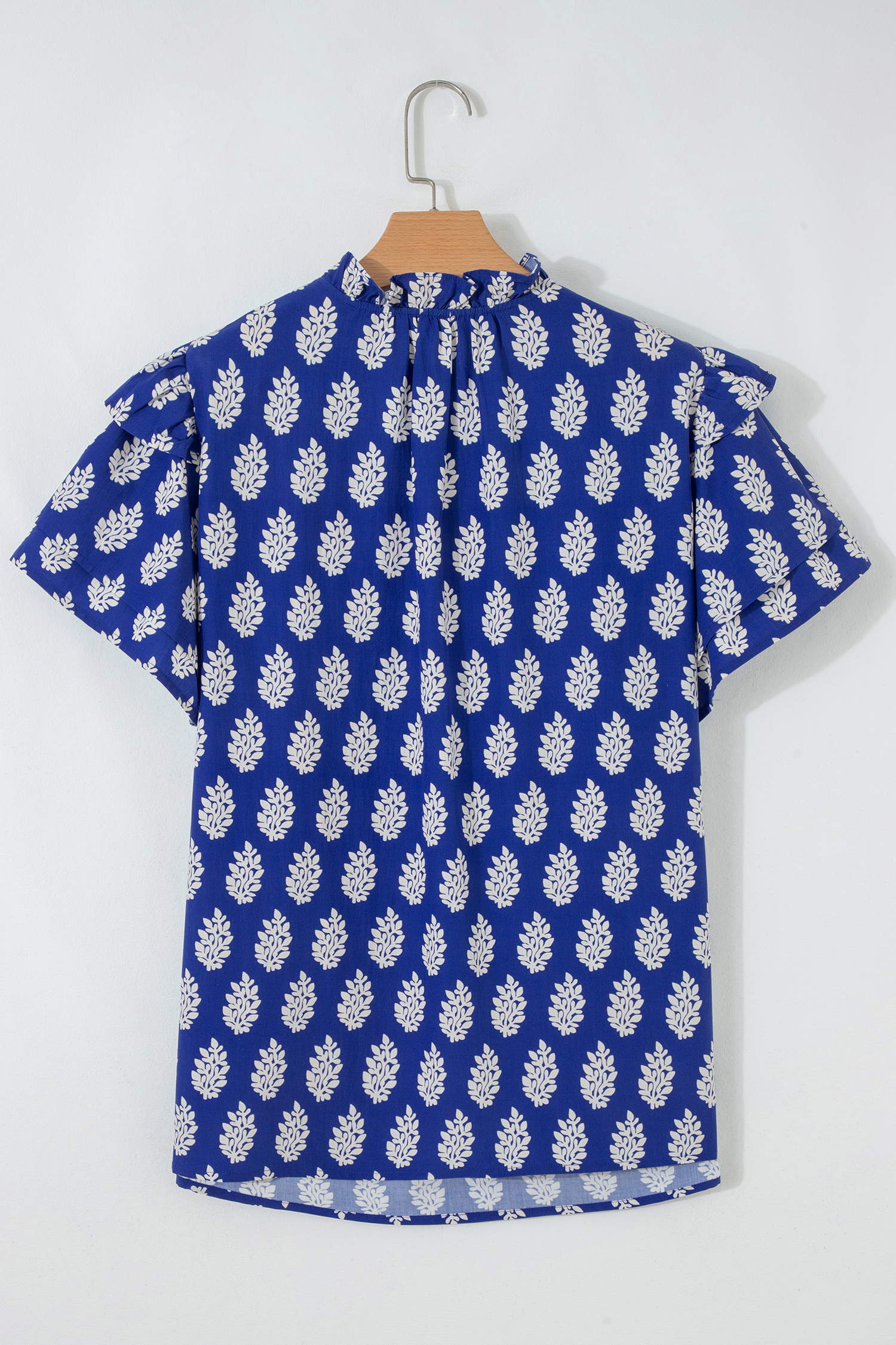 Plus Size Blue  Botanical Print Tie V Neck Ruffle Short Sleeve Blouse