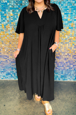 Plus Size Black  Solid Color Notched Neck Short Sleeve Loose Dress