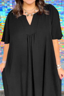 Plus Size Black  Solid Color Notched Neck Short Sleeve Loose Dress