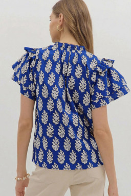 Plus Size Blue  Botanical Print Tie V Neck Ruffle Short Sleeve Blouse