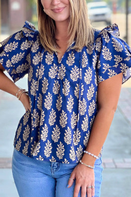 Plus Size Blue  Botanical Print Tie V Neck Ruffle Short Sleeve Blouse