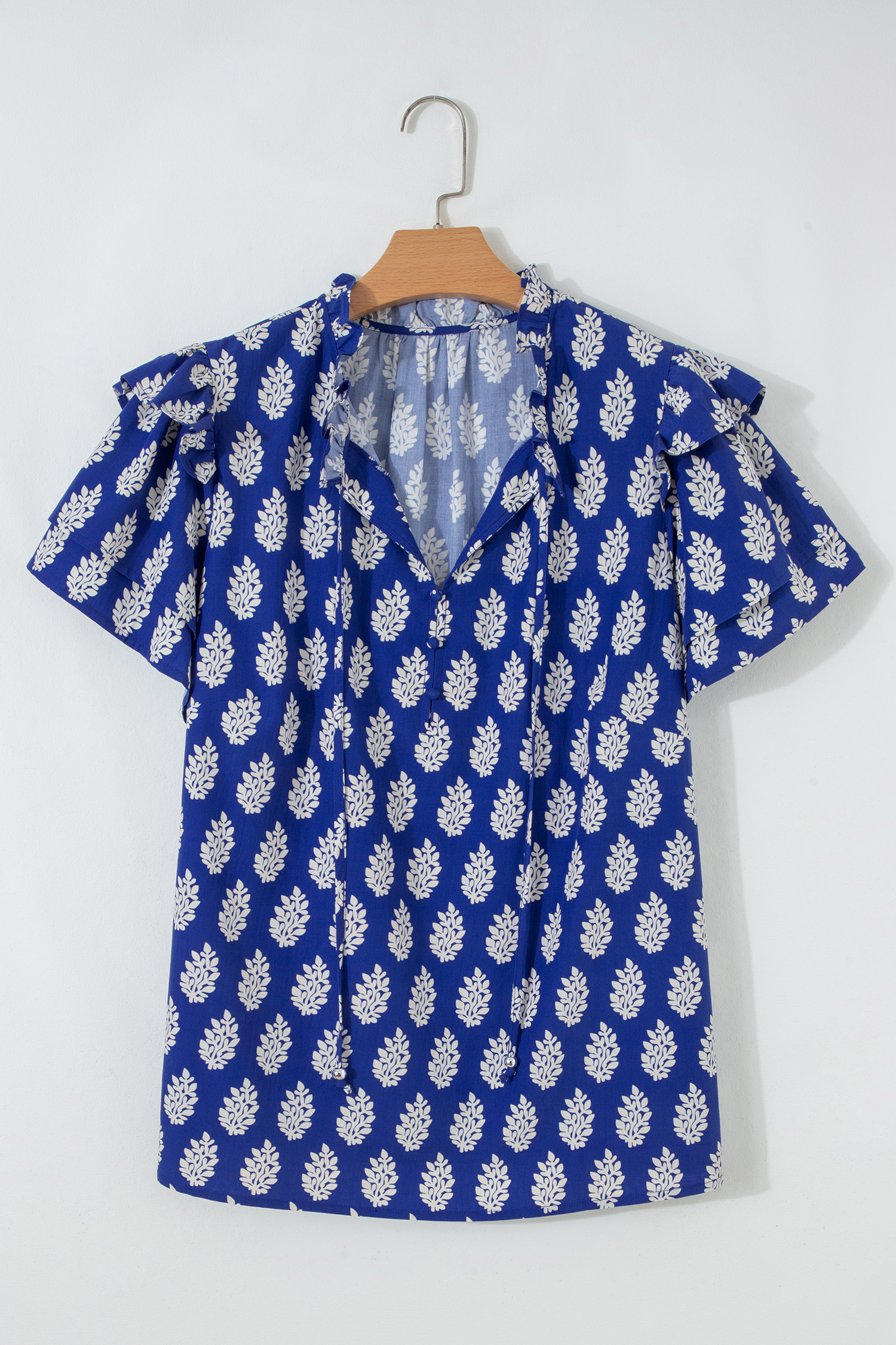 Plus Size Blue  Botanical Print Tie V Neck Ruffle Short Sleeve Blouse