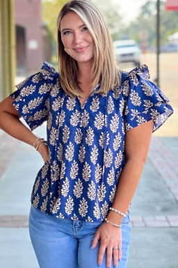 Plus Size Blue  Botanical Print Tie V Neck Ruffle Short Sleeve Blouse