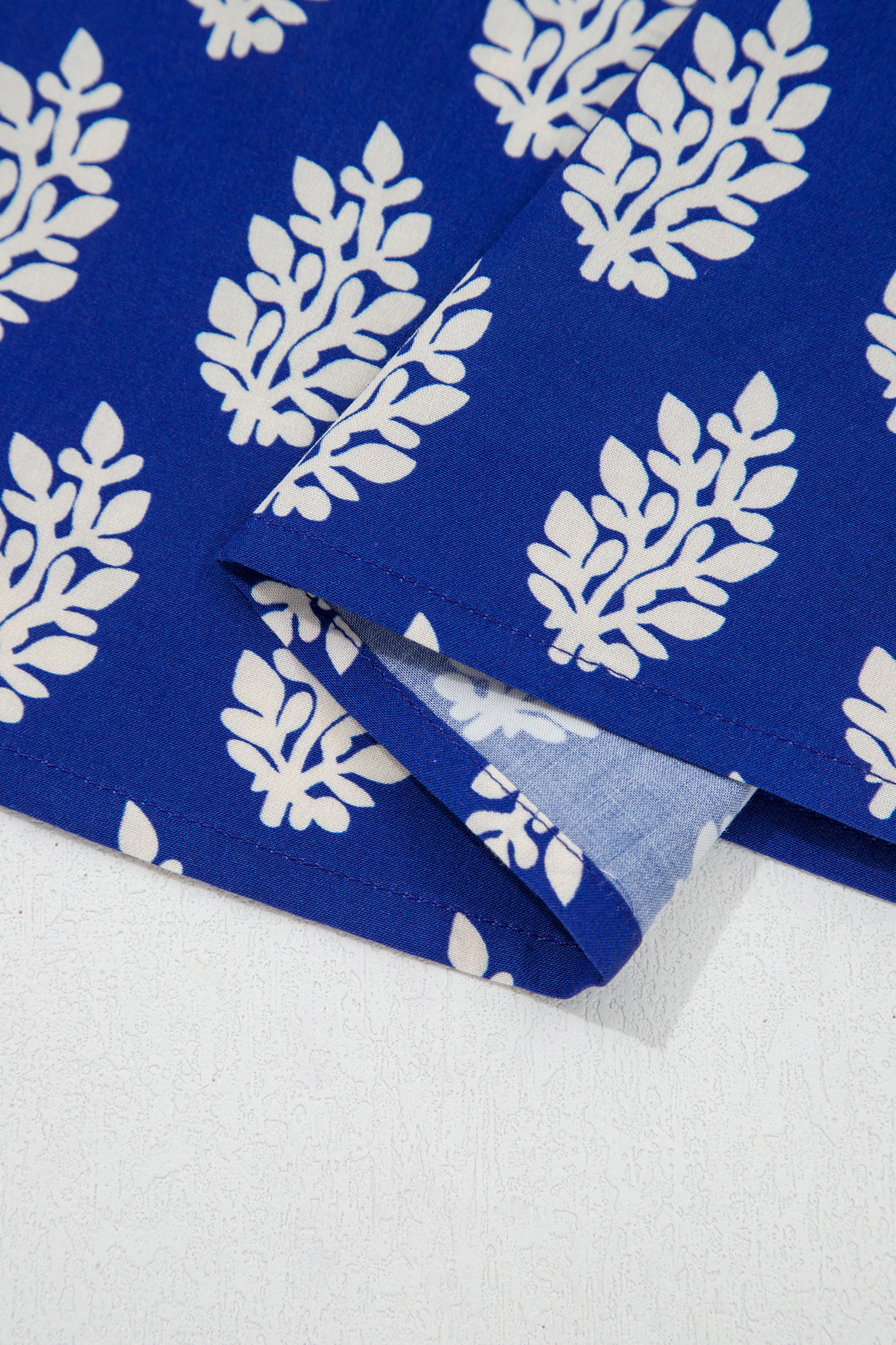 Plus Size Blue  Botanical Print Tie V Neck Ruffle Short Sleeve Blouse