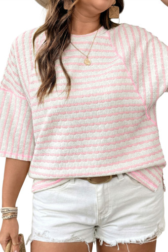 Plus Size Pink Stripe  Textured Patchwork Detail Half Sleeve Top