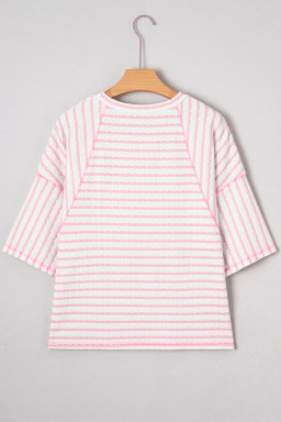 Plus Size Pink Stripe  Textured Patchwork Detail Half Sleeve Top