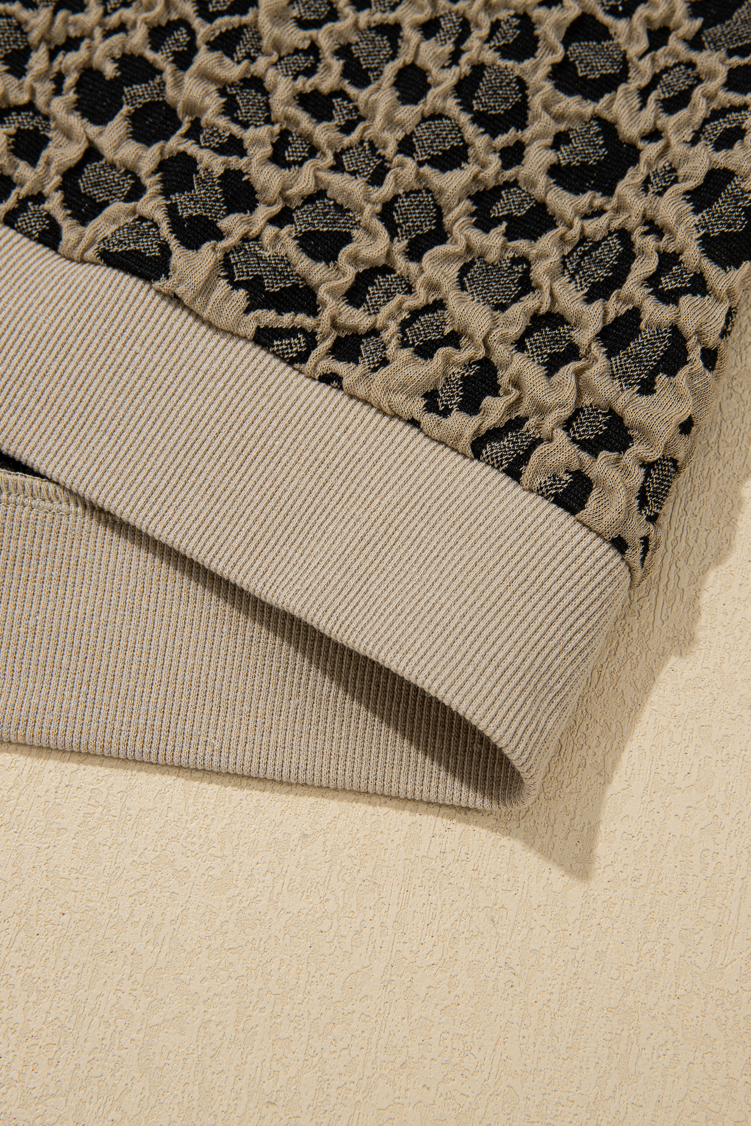 Beige Ribbed Patchwork Collar Cuffed Sleeve Leopard Plus Top