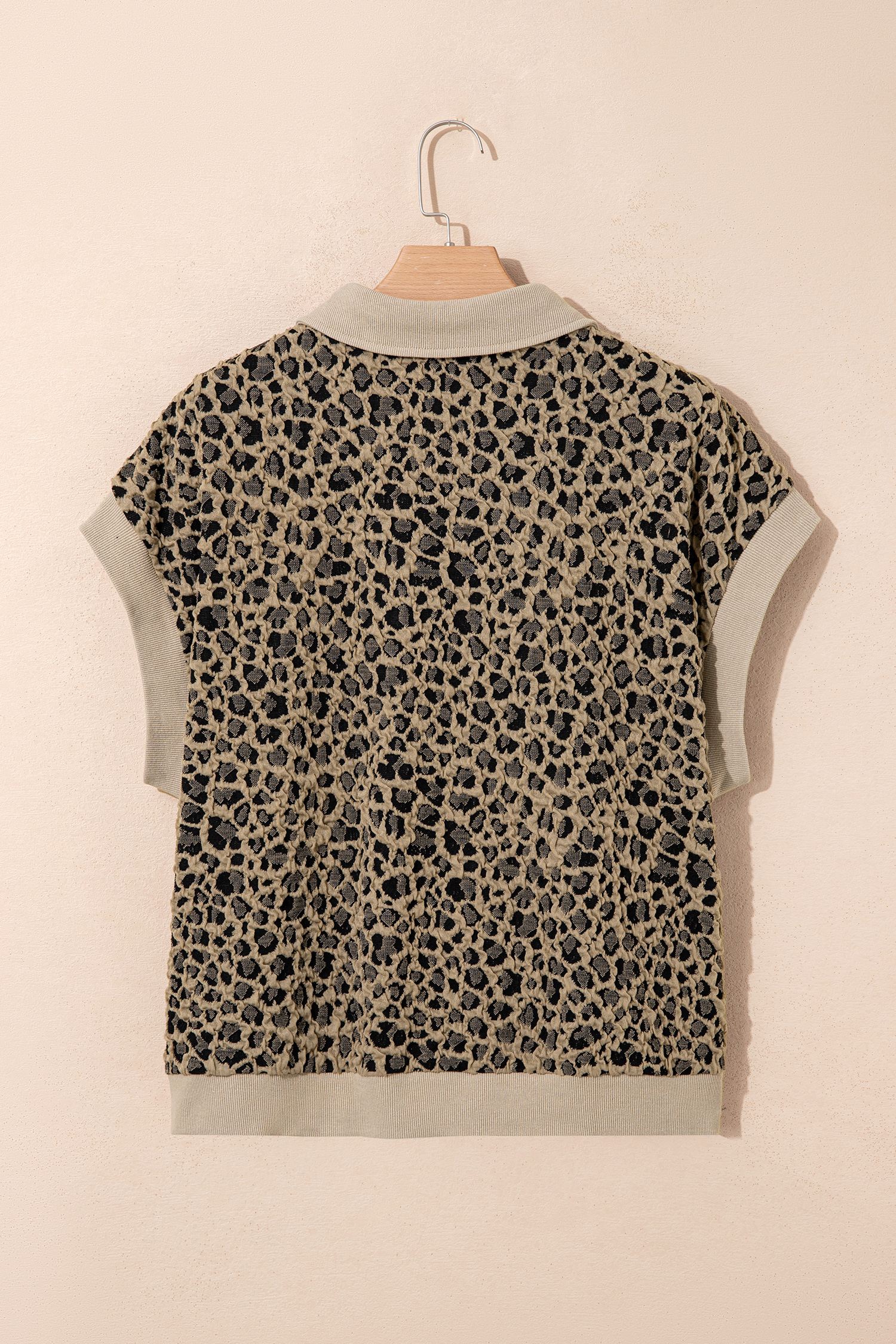 Beige Ribbed Patchwork Collar Cuffed Sleeve Leopard Plus Top