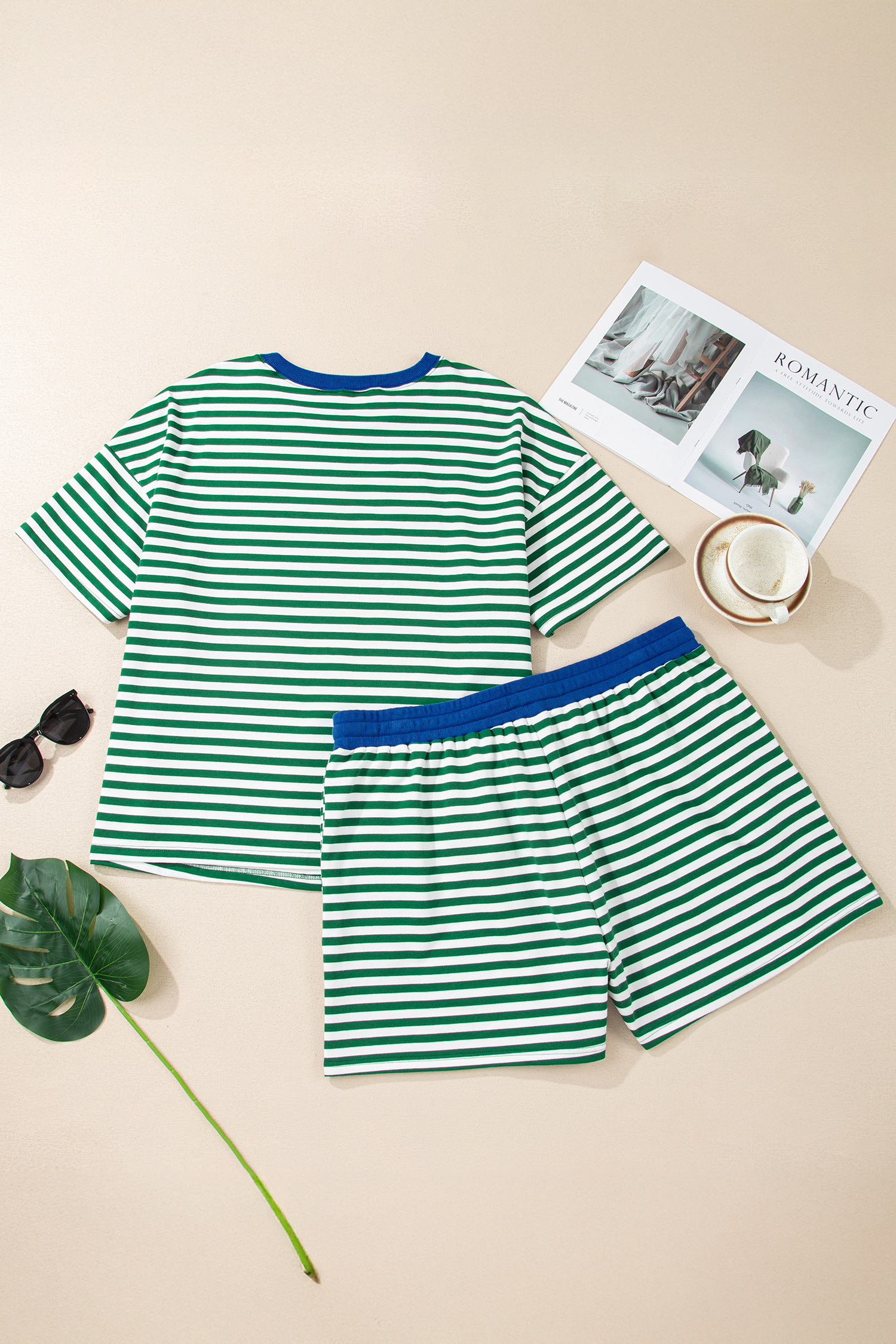 Plus Size Green Stripe Boxy Tee Drawstring Elastic Waist  Short Set