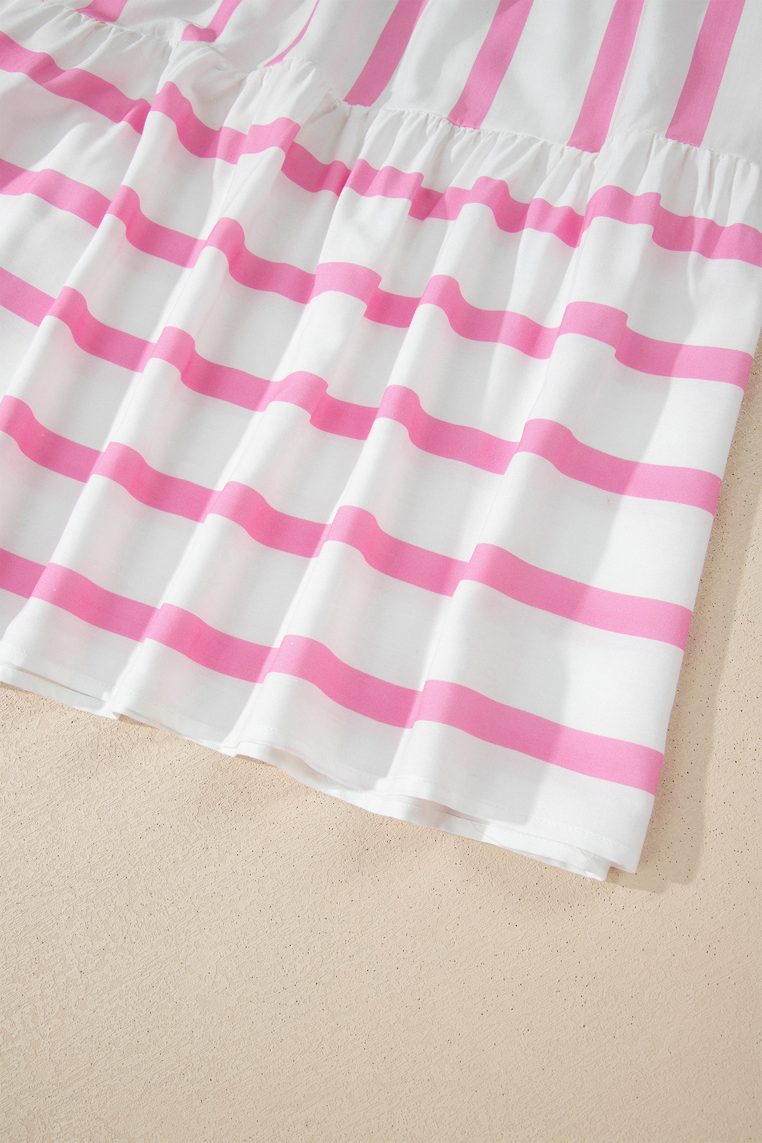 Plus Size Pink Stripe  V Neck Short Puff Sleeve Tiered Maxi Dress