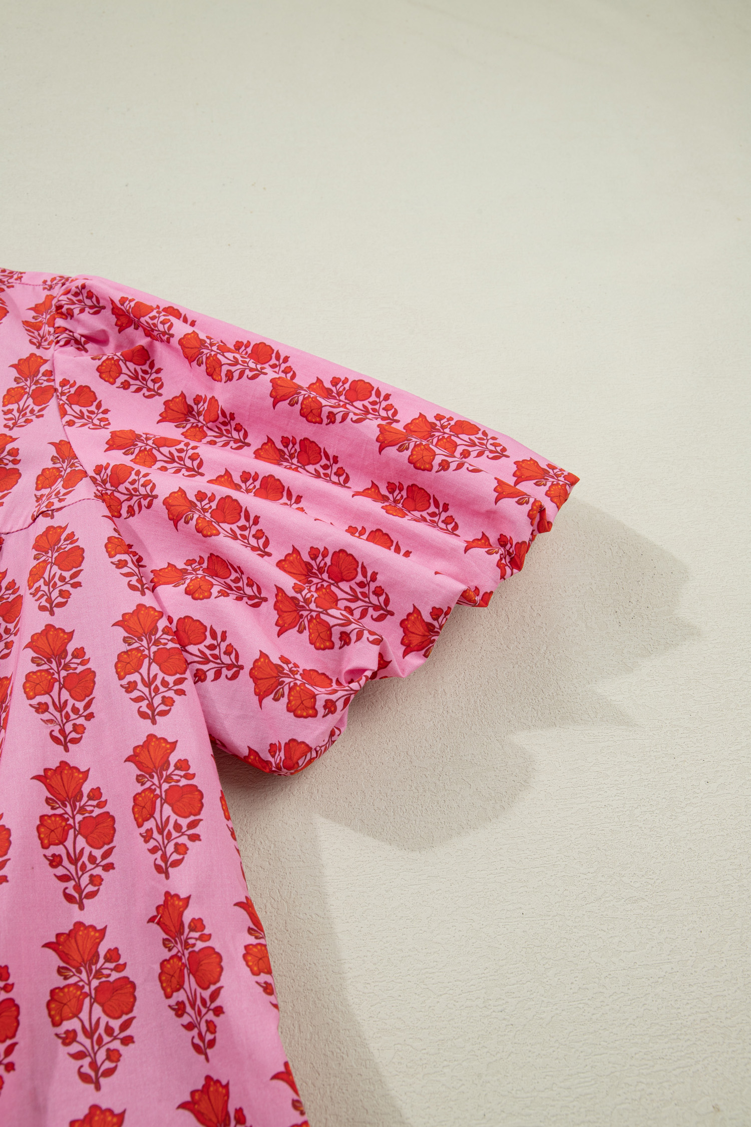 Plus Size Pink  Floral Print Tassel Tie Puff Sleeve Cotton Blouse