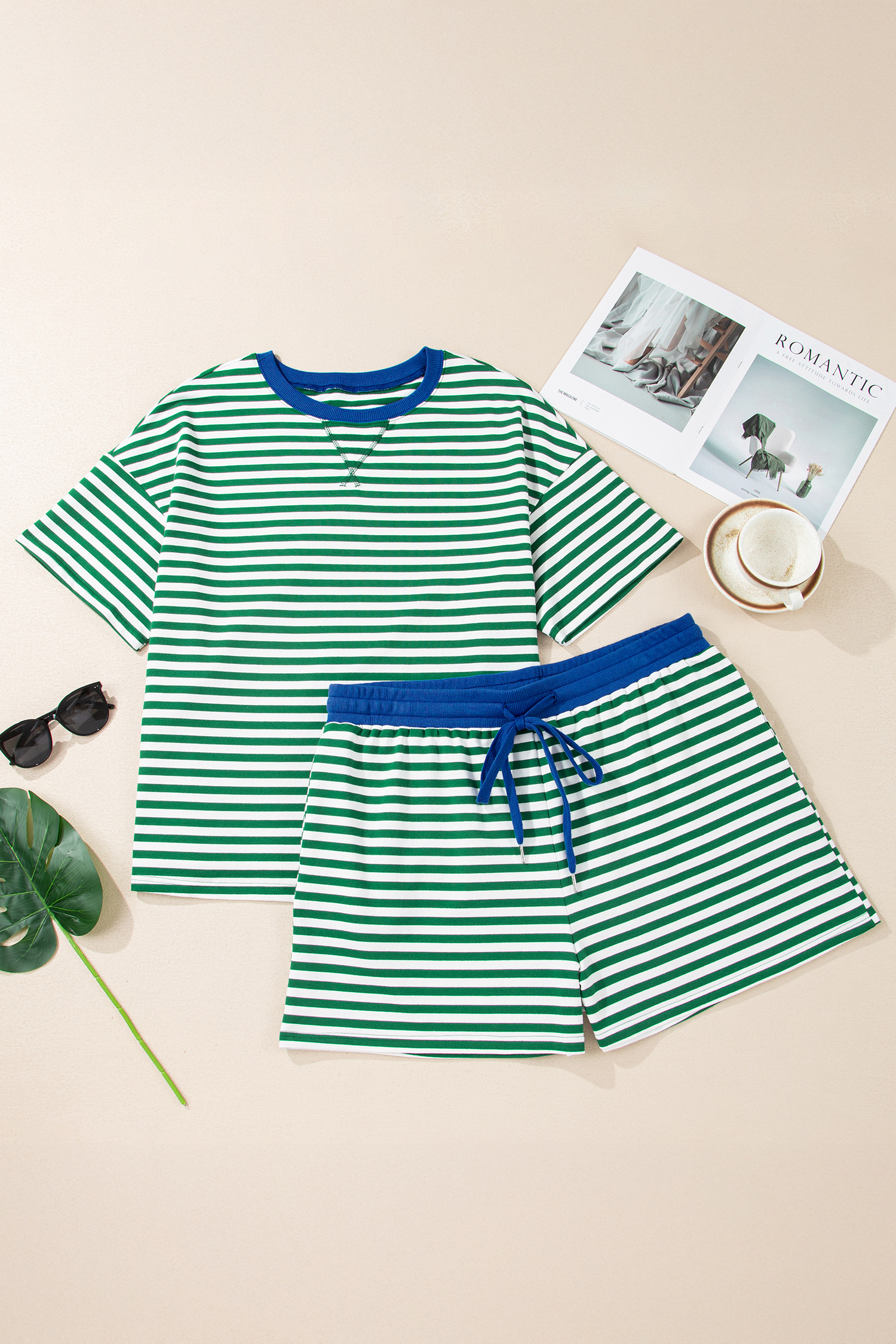 Plus Size Green Stripe Boxy Tee Drawstring Elastic Waist  Short Set