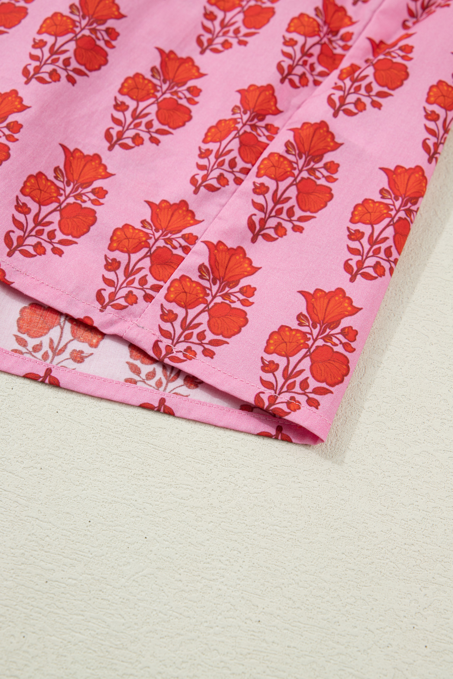 Plus Size Pink  Floral Print Tassel Tie Puff Sleeve Cotton Blouse