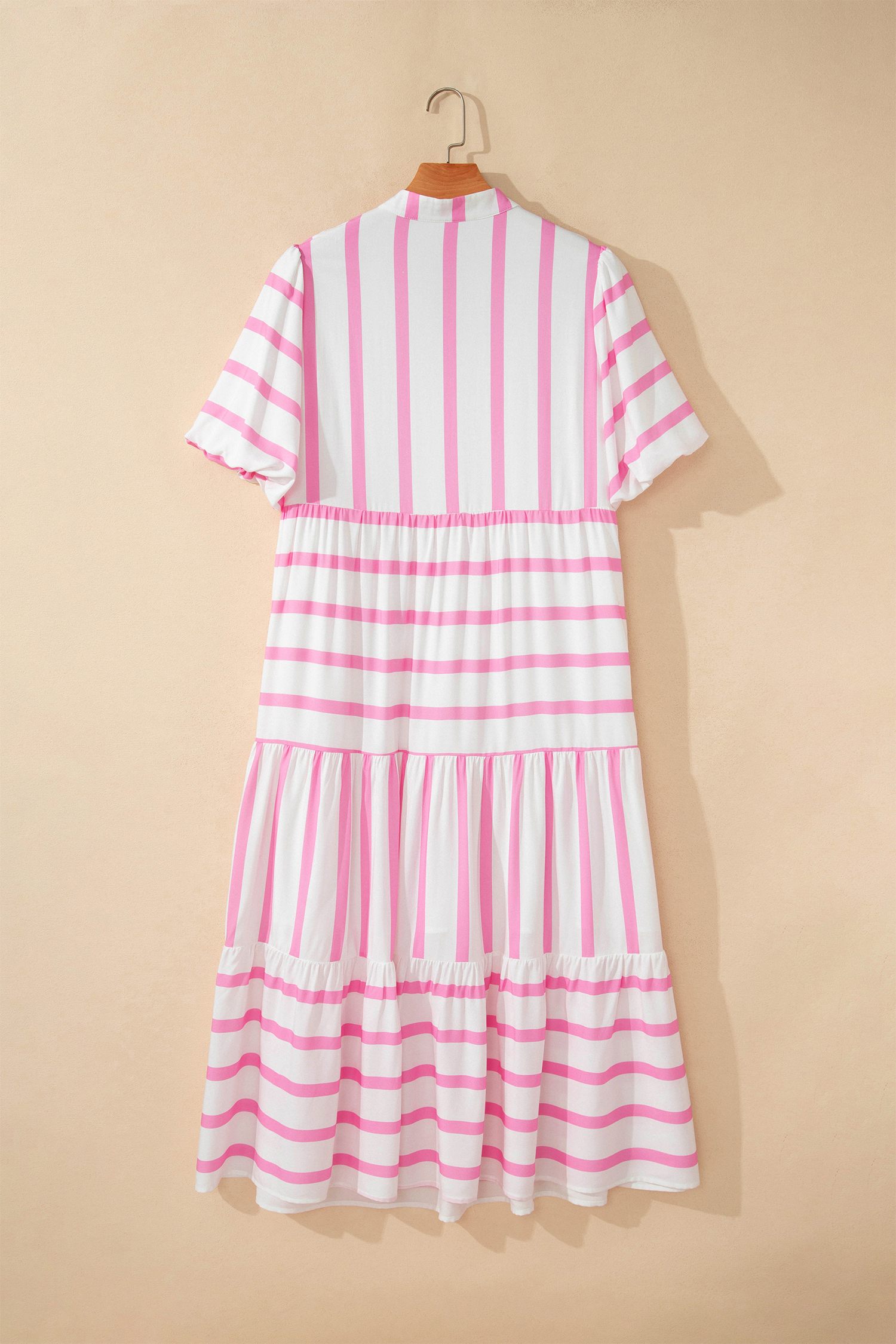 Plus Size Pink Stripe  V Neck Short Puff Sleeve Tiered Maxi Dress