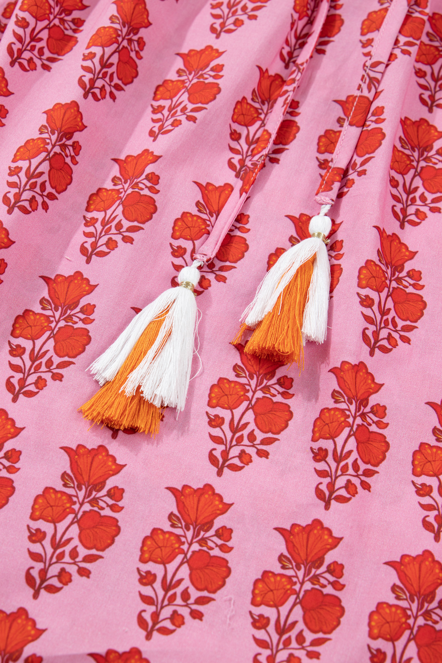 Plus Size Pink  Floral Print Tassel Tie Puff Sleeve Cotton Blouse